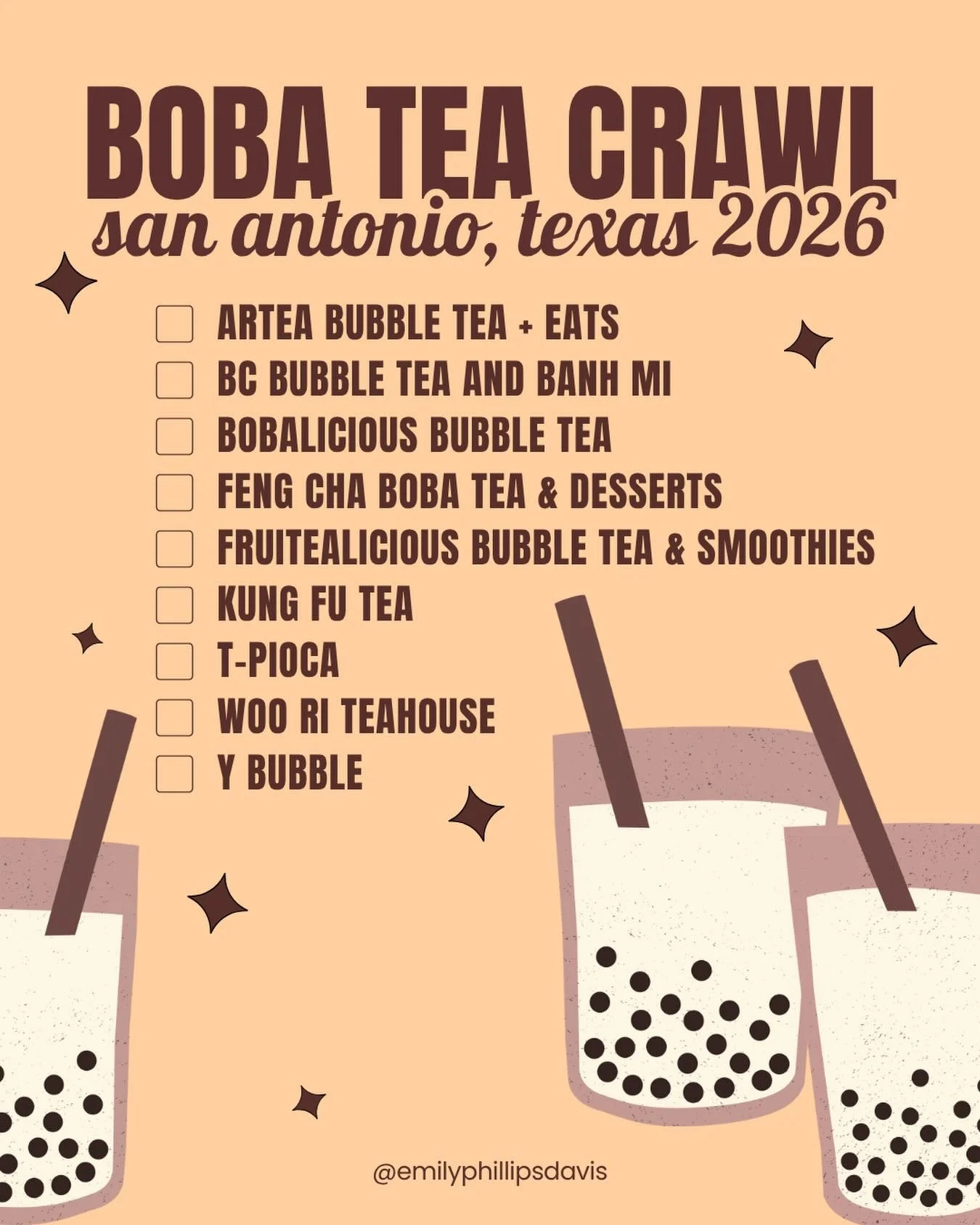 San Antonio boba tea crawl for summer 2026!! 

It&rsquo;s no secret that I love boba tea and enjoy trying new spots. I thought it&rsquo;d be fun to crawl San Antonio&rsquo;s boba scene this summer, and support local spots along the way! What&rsquo;s 