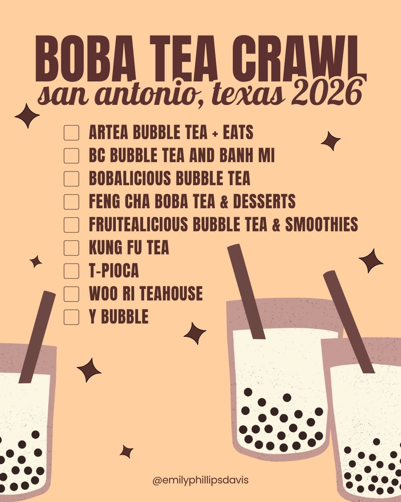 San Antonio boba tea crawl for summer 2026!! 

It&rsquo;s no secret that I love boba tea and enjoy trying new spots. I thought it&rsquo;d be fun to crawl San Antonio&rsquo;s boba scene this summer, and support local spots along the way! What&rsquo;s 