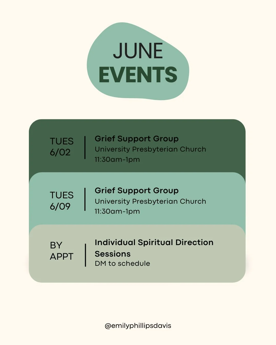 June events are here! We still have a few spots available for the Making Your Grief Count support group on Tuesdays. 🤝