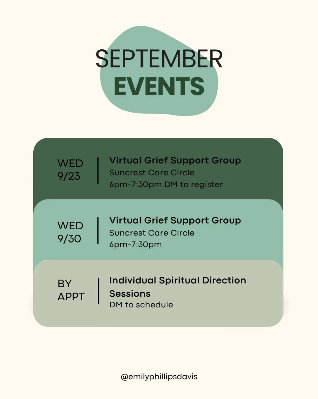 September events are here! We still have a few spots available for the virtual grief support group on Wednesday evenings. 💜