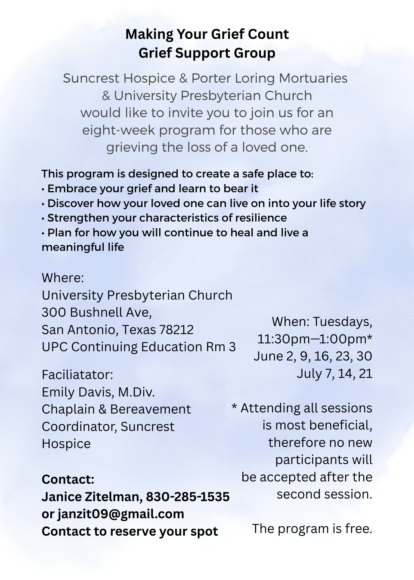 Grief Support Group flyer Summer 2026 San Antonio