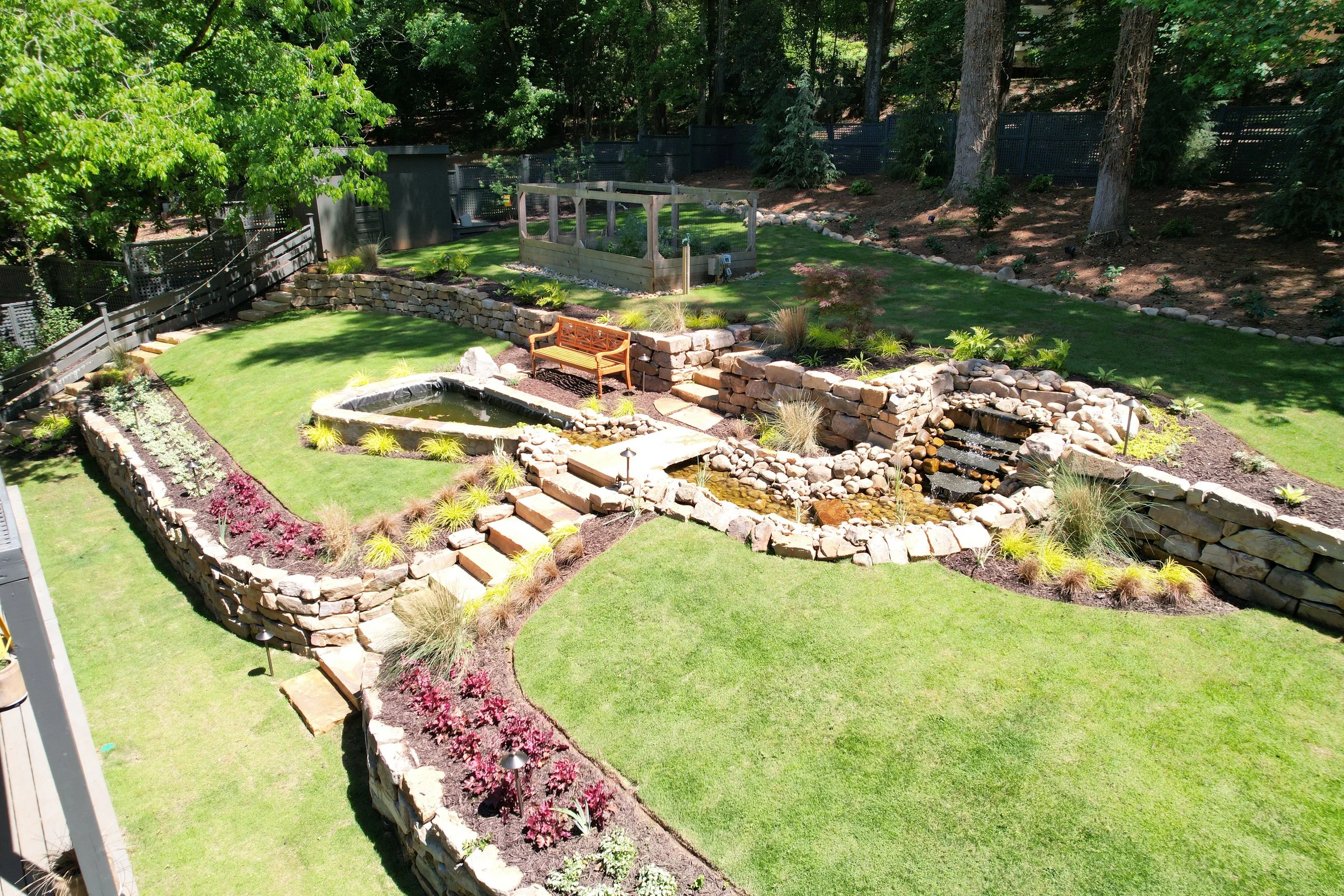 Aerial view of a terraced backyard landscape in Athens Georgia featuring stone retaining walls, a pond, waterfall, flagstone steps, and colorful planting beds installed by Southern Grounds Landscaping