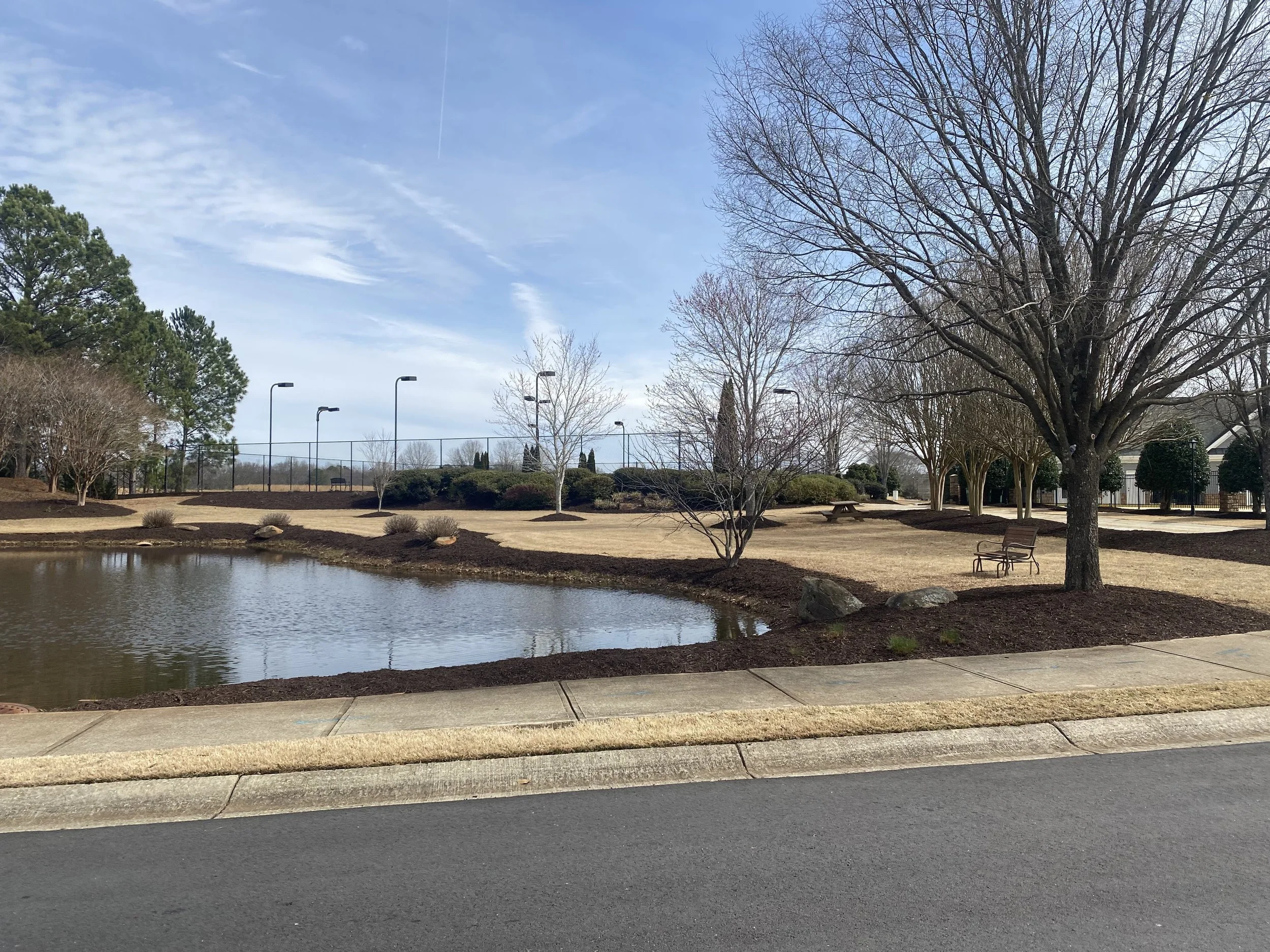 Commercial pond landscape maintenance with mulched borders and manicured surrounding lawn.