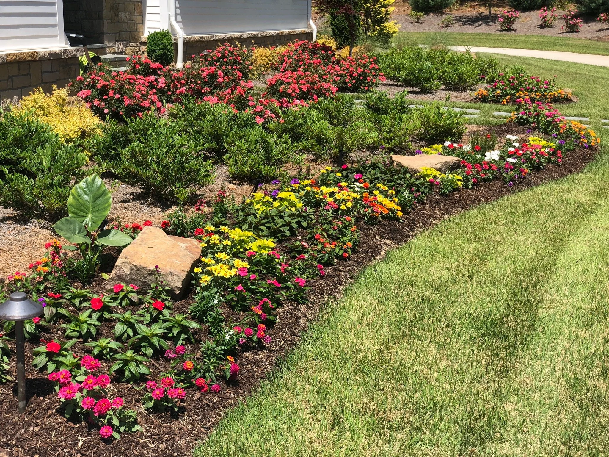 Layered flower bed landscape design with red and yellow annuals along home foundation