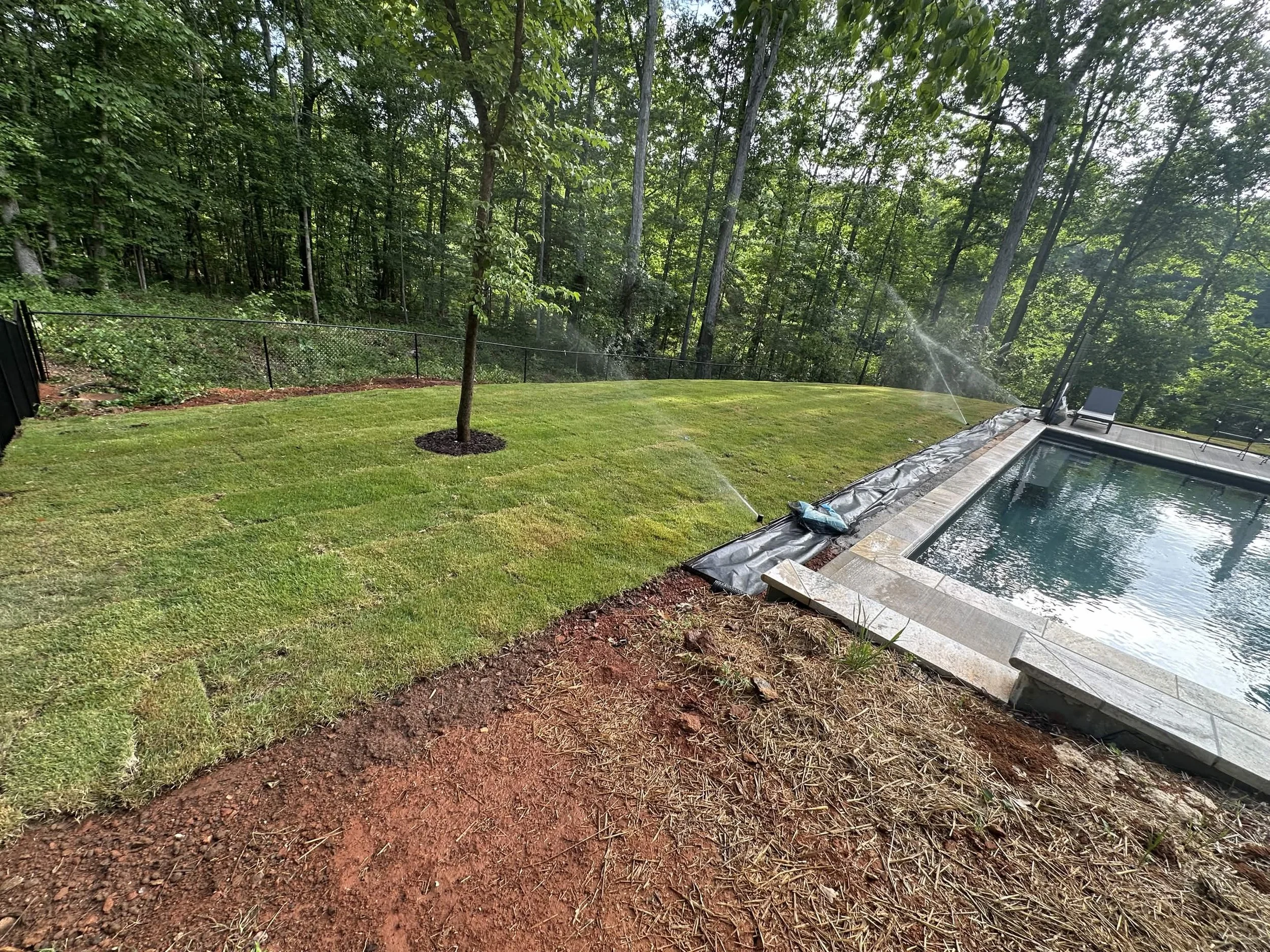 Newly installed irrigation system watering fresh sod alongside a residential pool in Athens Georgia by Southern Grounds Landscaping