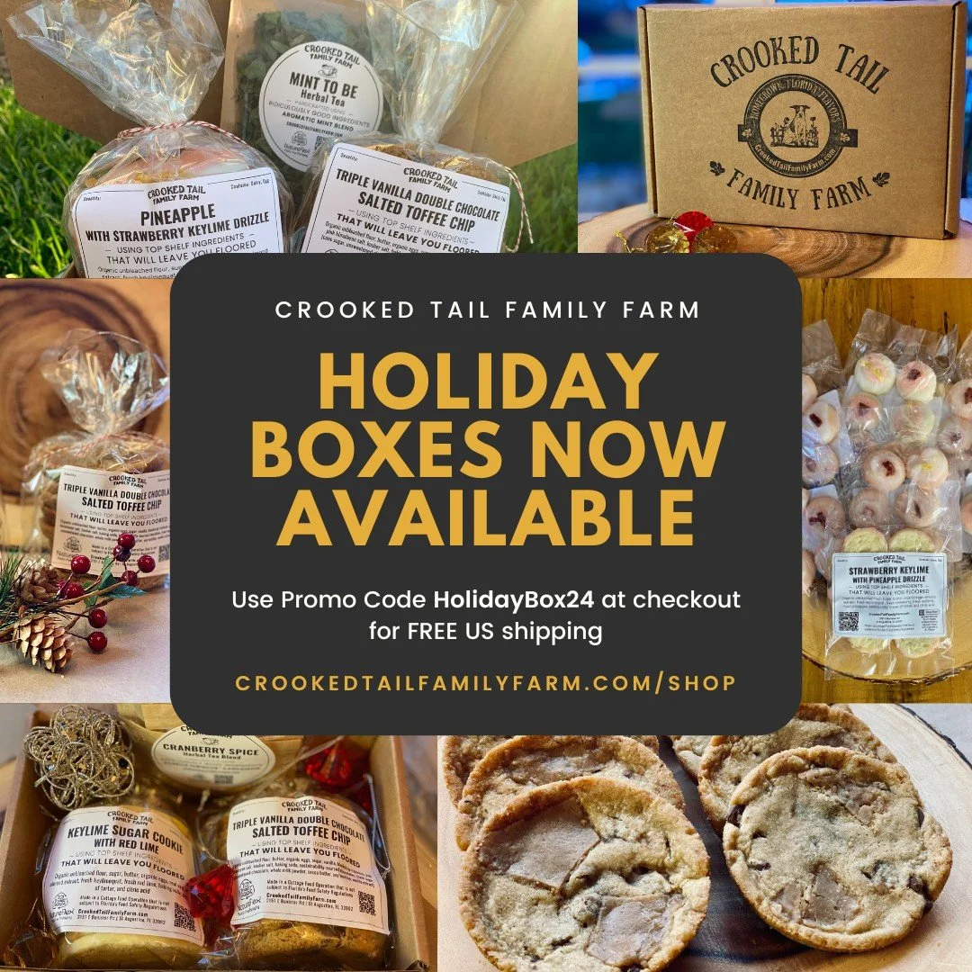 They're here! Grab your Holiday Box now - filled with Crooked Tail favorites like our Triple Vanilla Double Chocolate Salted Toffee Chip cookies, our seasonal citrus sugar cookies featuring our scratch-made frosting of Strawberry Keylime and fresh Pi