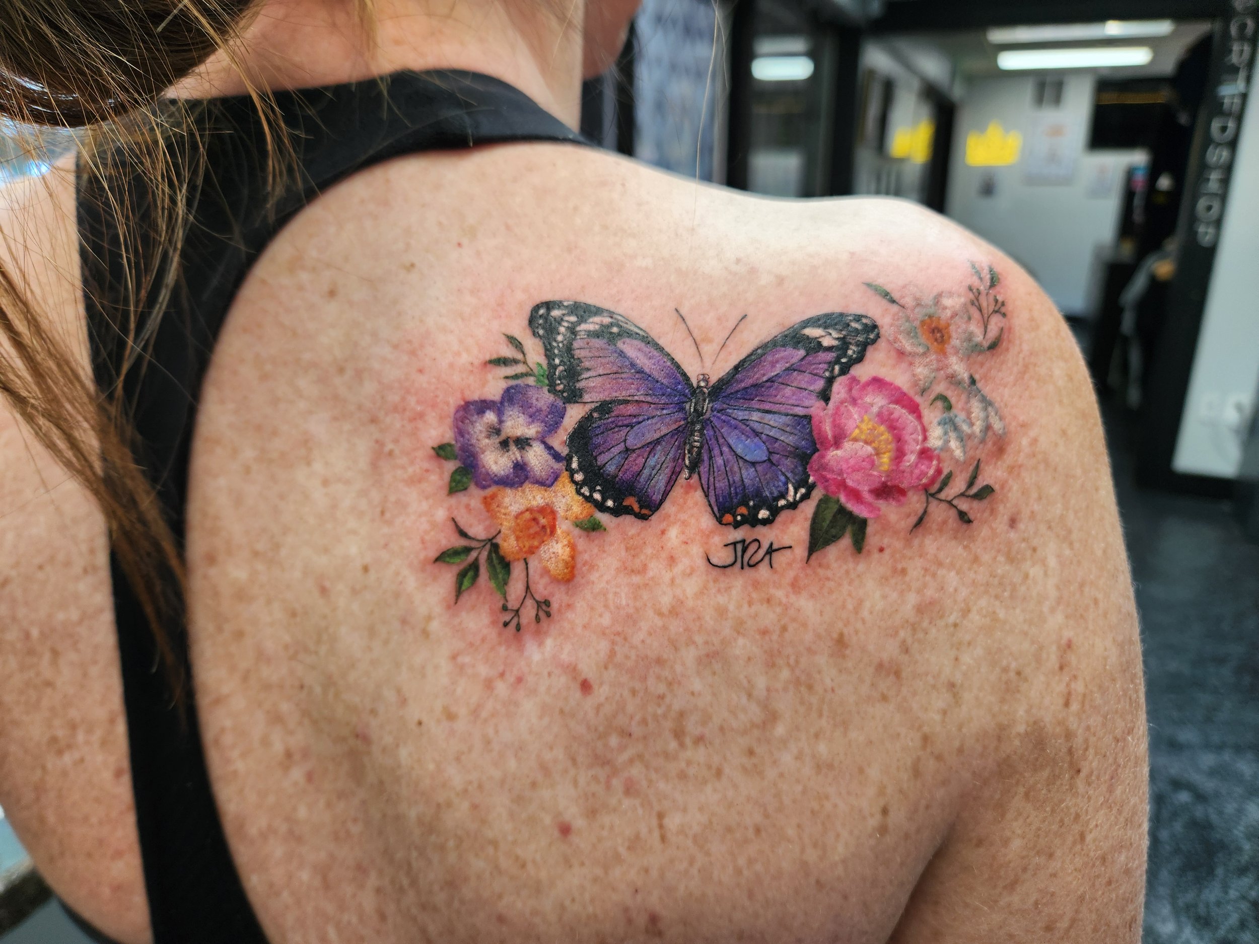Color Butterfly and Flower Tattoo on Back