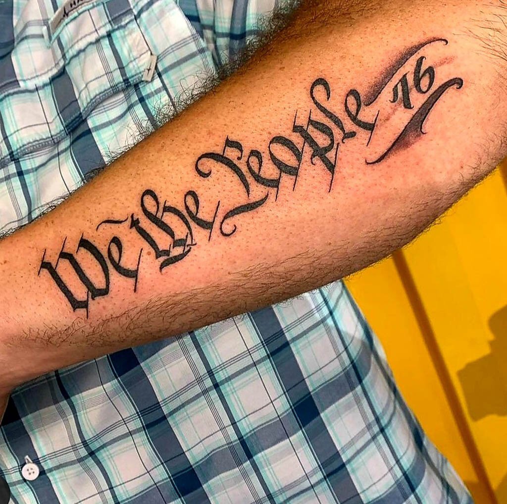 American Traditional Color Lettering and Script tattoo by