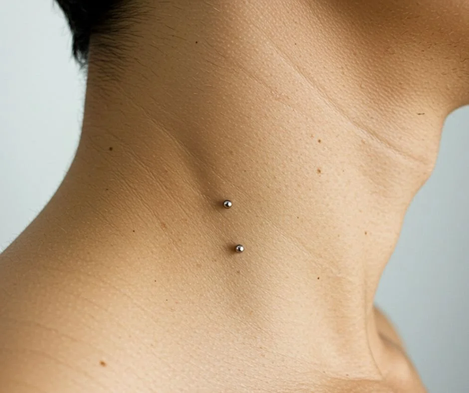 Close-up photograph of a neck dermal piercing