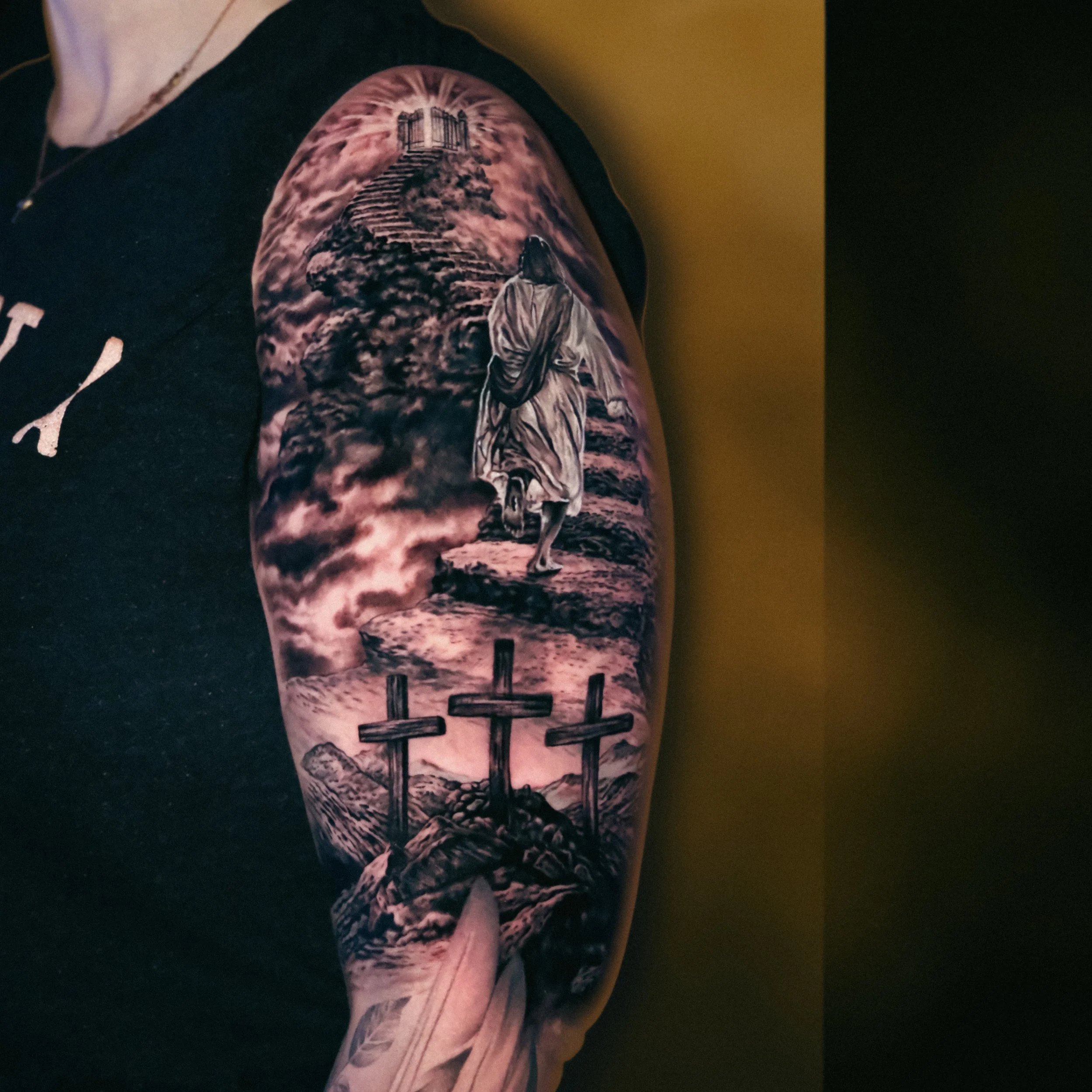 Black and Grey Stairway to Heaven Tattoo.JPG