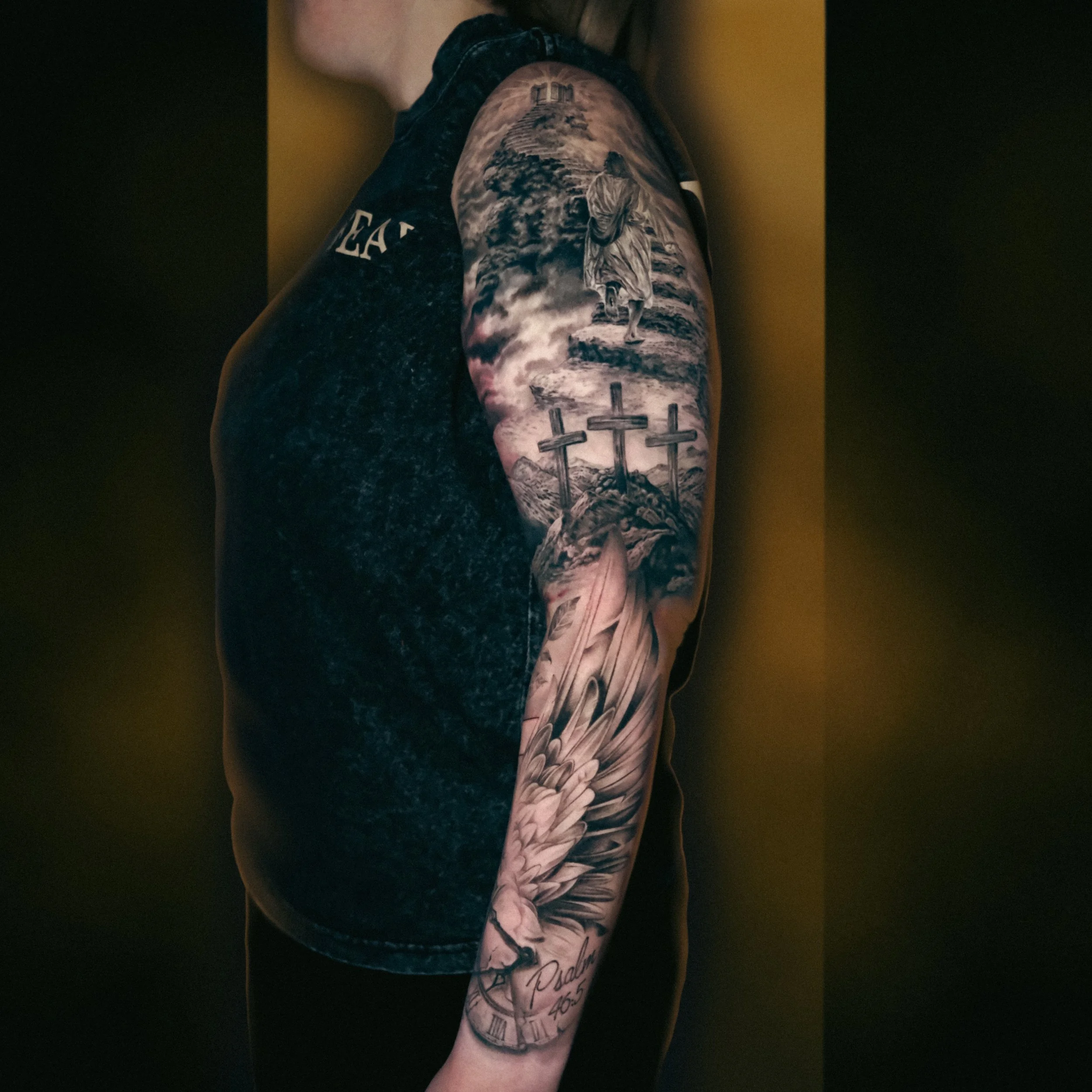 Black and Grey Realism Stairway to Heaven Tattoo.JPG