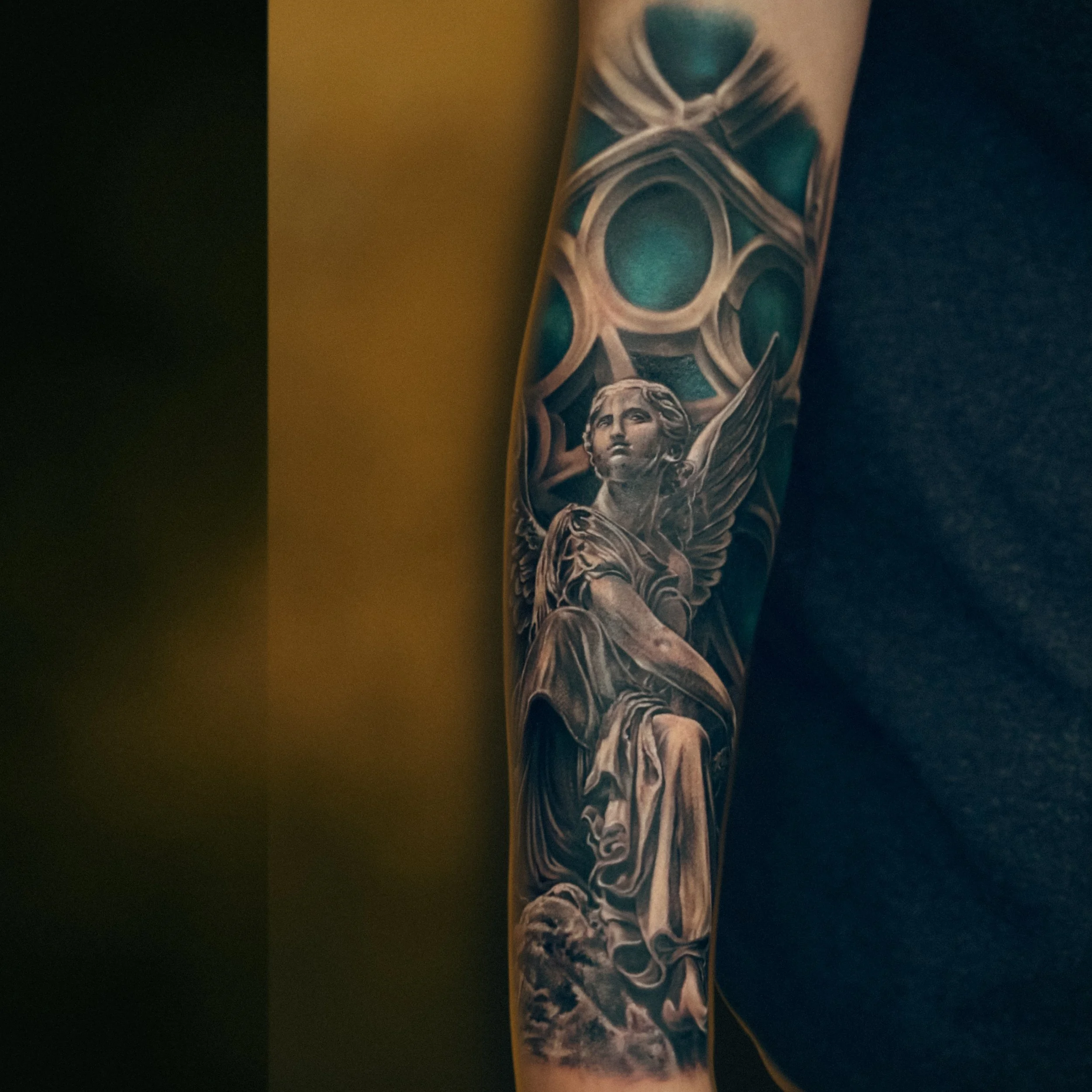 Black and Grey Realism Angel Statue Tattoo.JPG