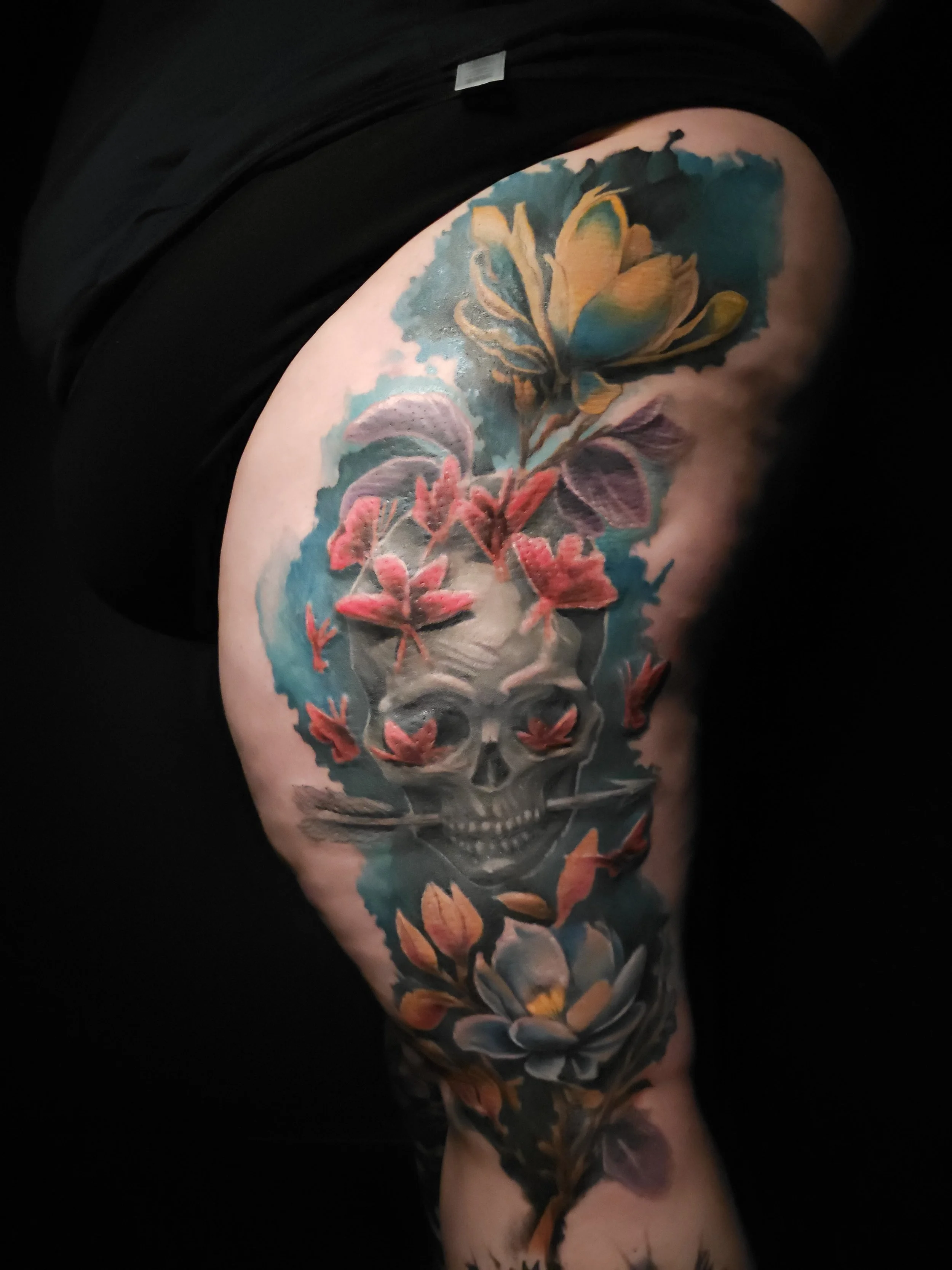 Color Illustrative Flower and Skull Tattoo.JPG