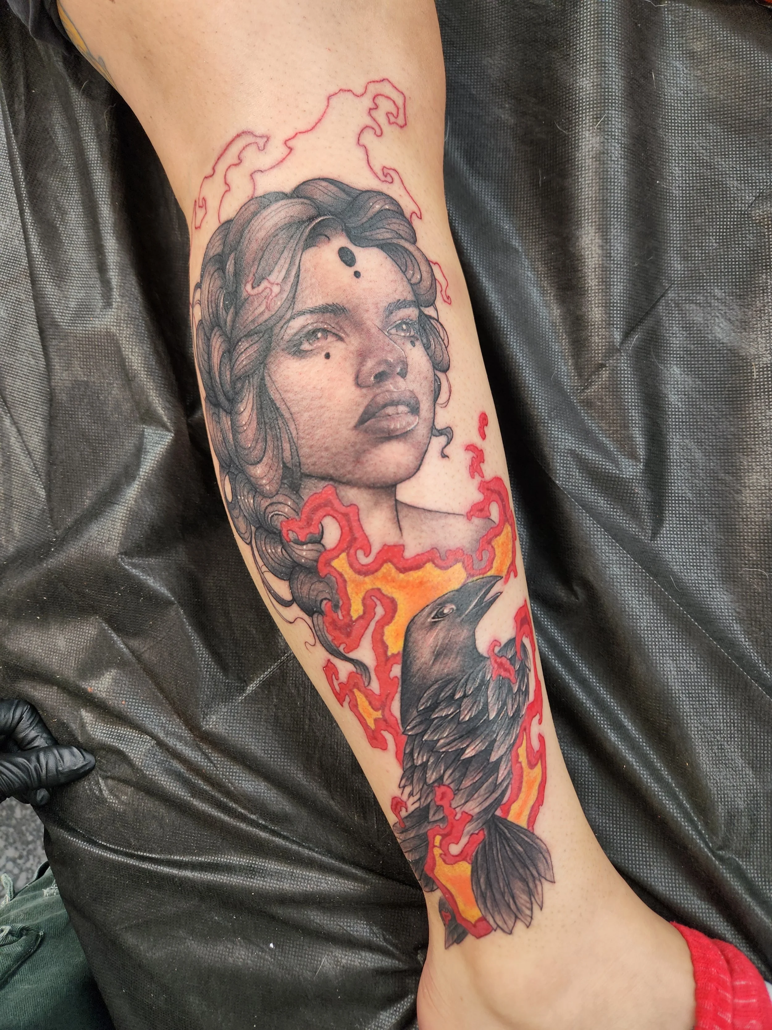 Custom Illustrative Woman and Crow Tattoo on Leg