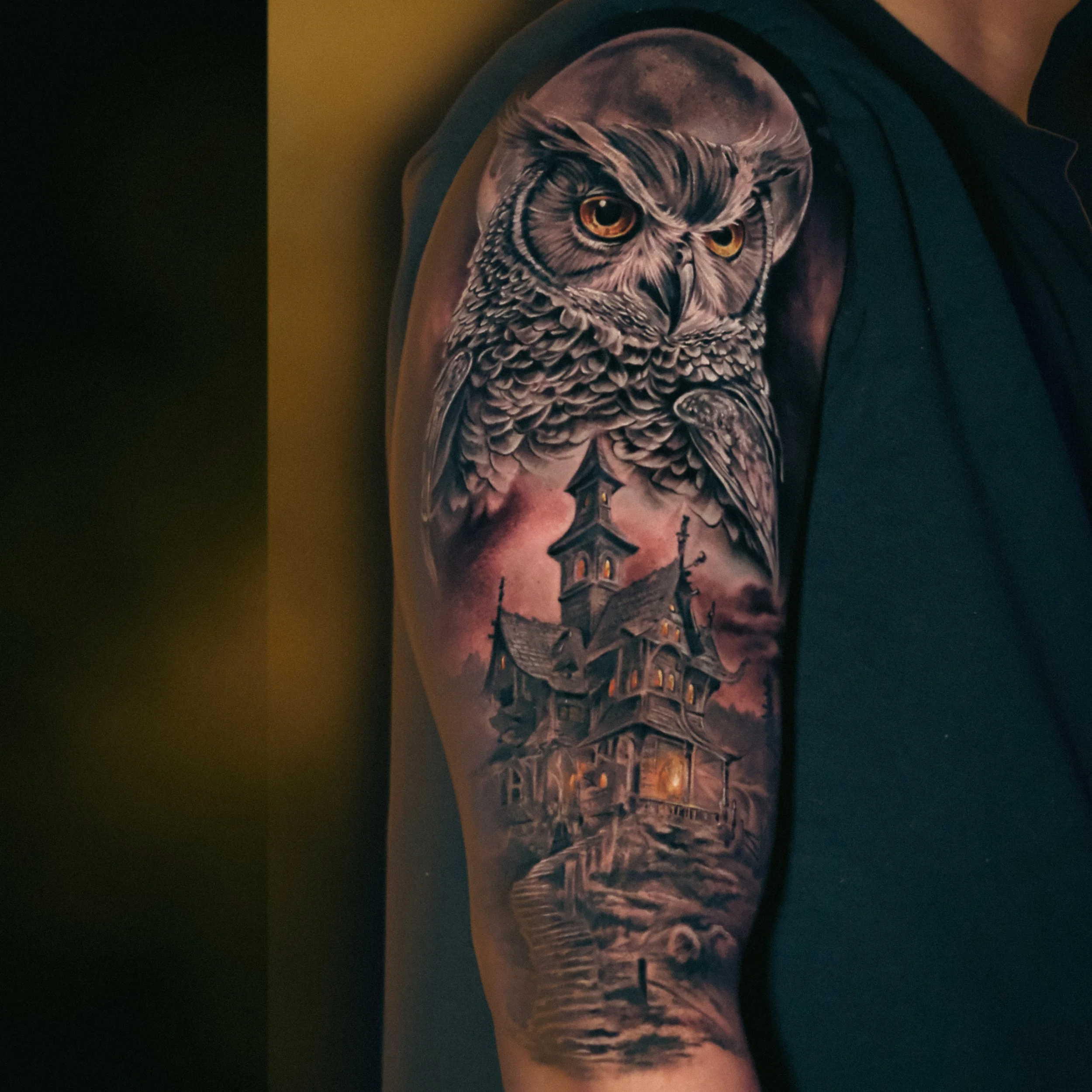 Black and Grey Realism Owl and Victorian House Tattoo.JPG