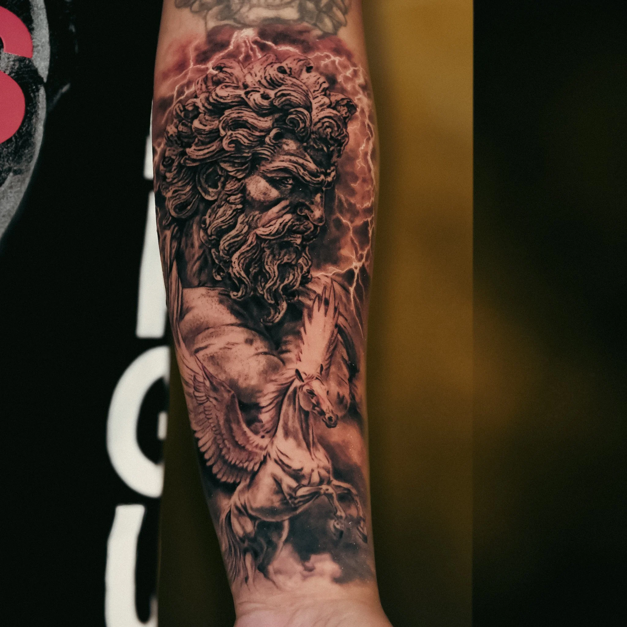 Black and Grey Realism Zeus & Pegasus Tattoo.JPG