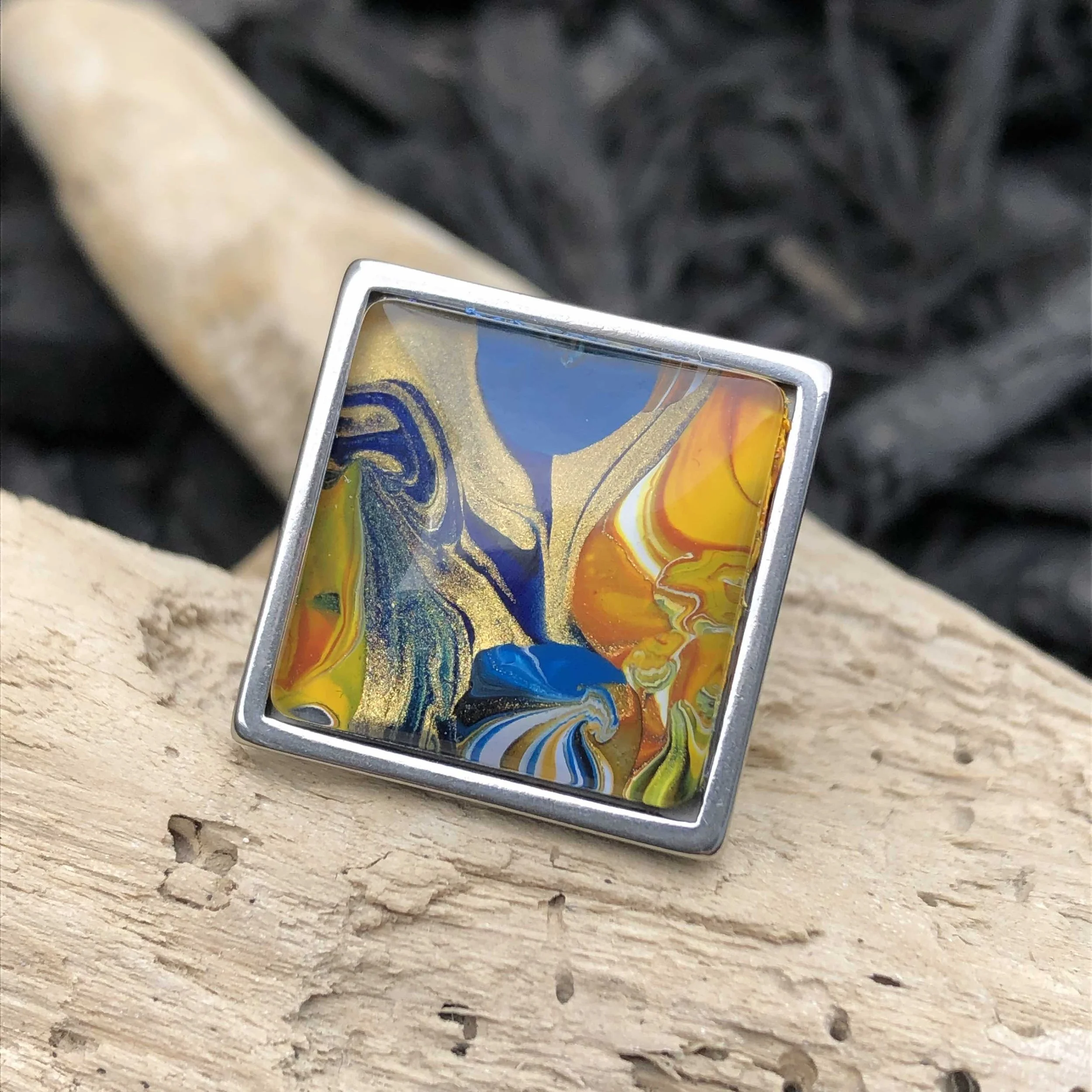Dune Under Blue Skies Acrylic Paint Pour Dipped Glass and Stainless Steel Adjustable Ring Wearable Art Kirsty Jane Designs