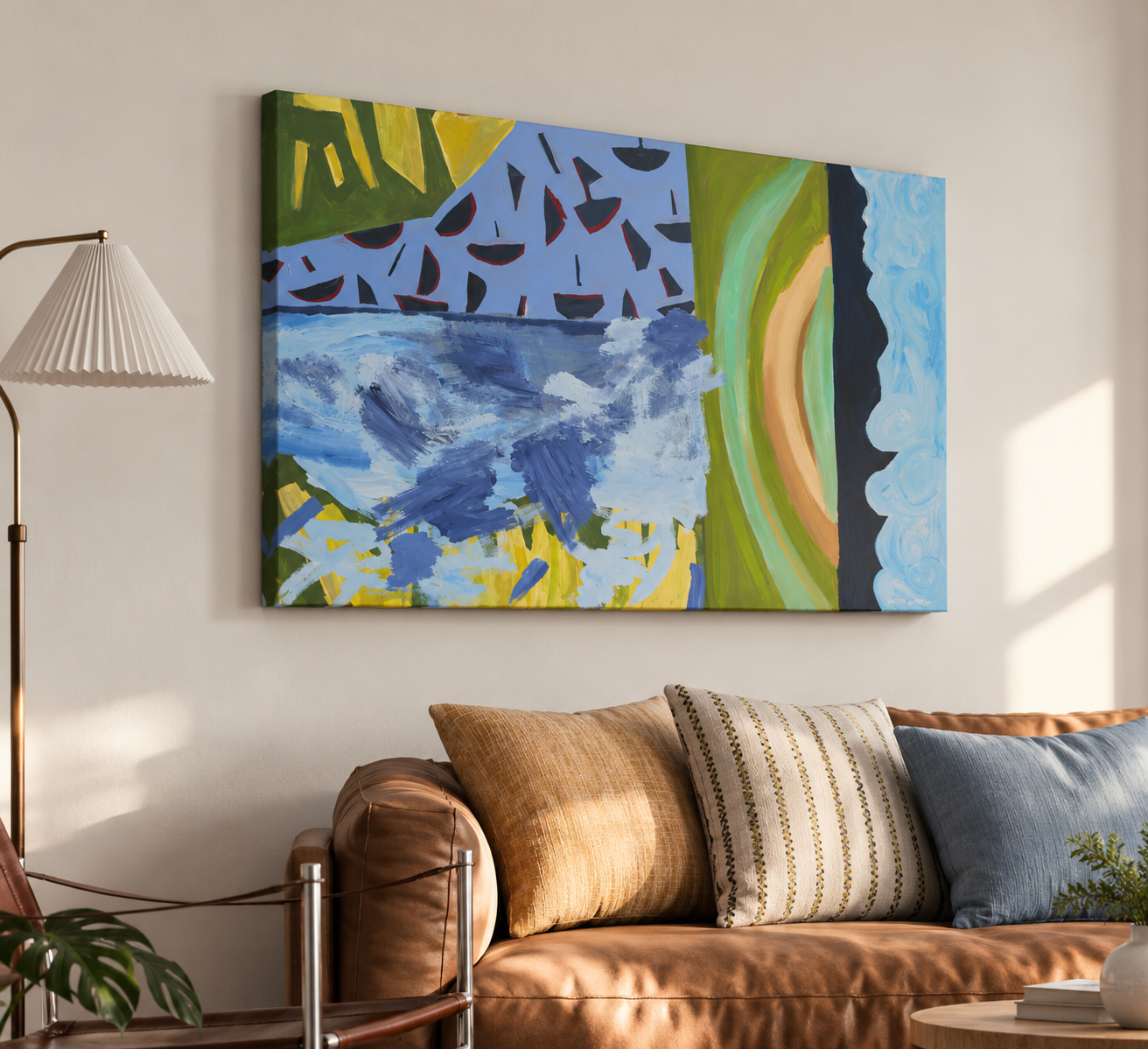 Sunlit Living Room with Abstract Seascape.png