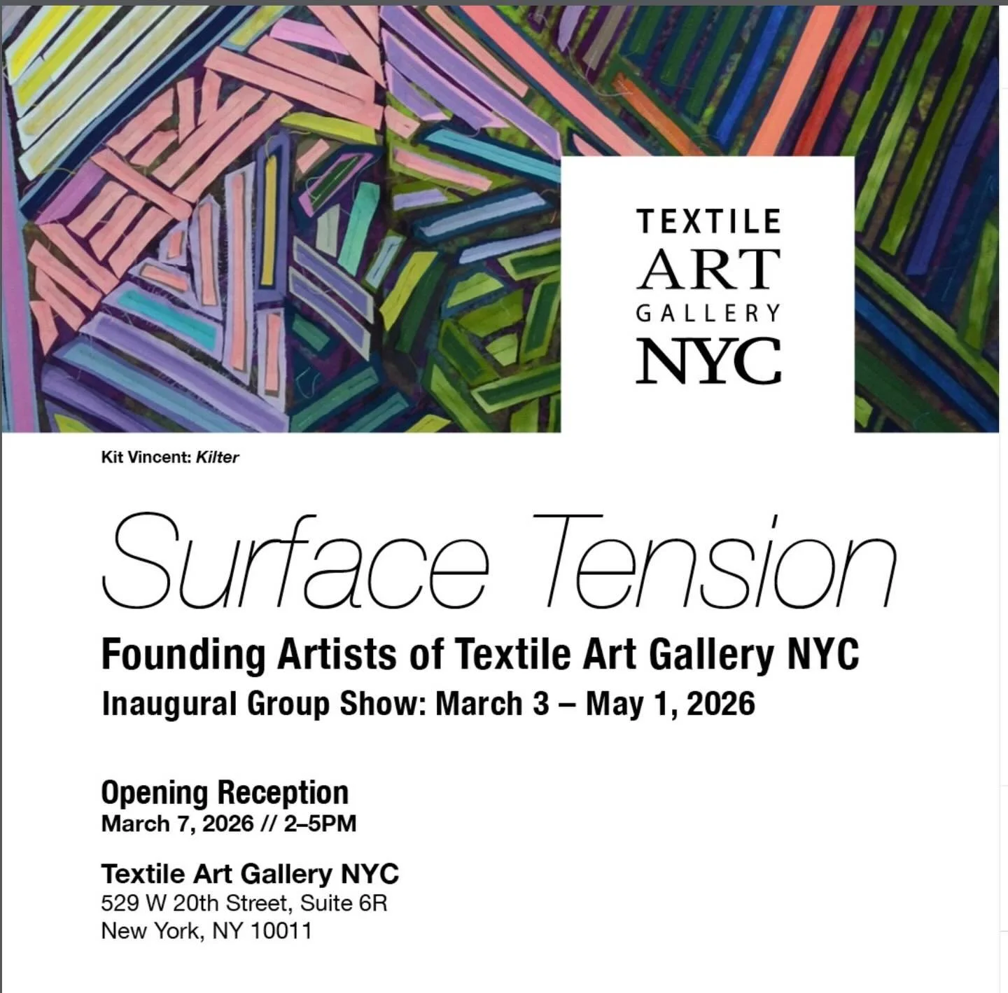 Follow @textileartnyc for more information about the opening of Surface Tension,THIS WEEKEND-the inaugural exhibition for Textile Art Gallery, NYC. This is a milestone in my art career.  I have stood on the shoulders of giants to be here today. Thank