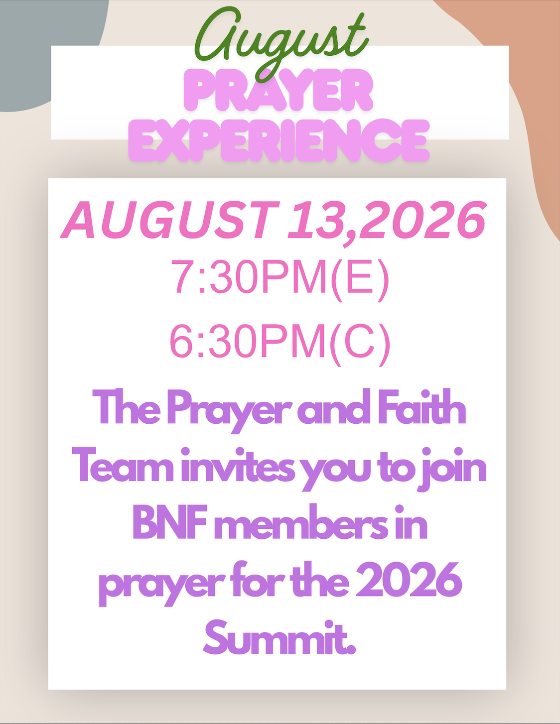 BNF August Prayer Experience