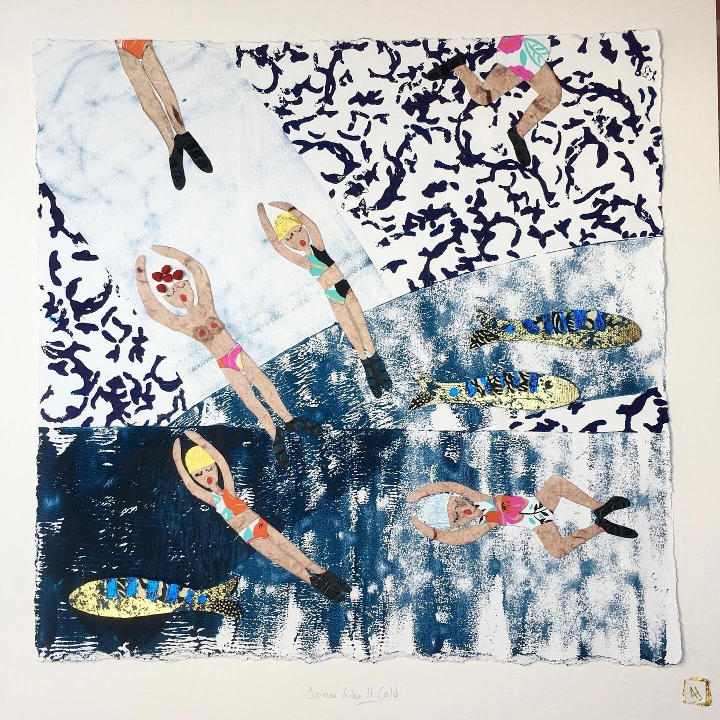 .
CELEBRATE!
.
I love playing with colour (the blues!), texture, tone and scale in mixed media collage pictures, celebrating life in the water for the ladies at the swimming club.
.
&lsquo;Some Like It Cold&rsquo; is a zesty sketch of high times, on 