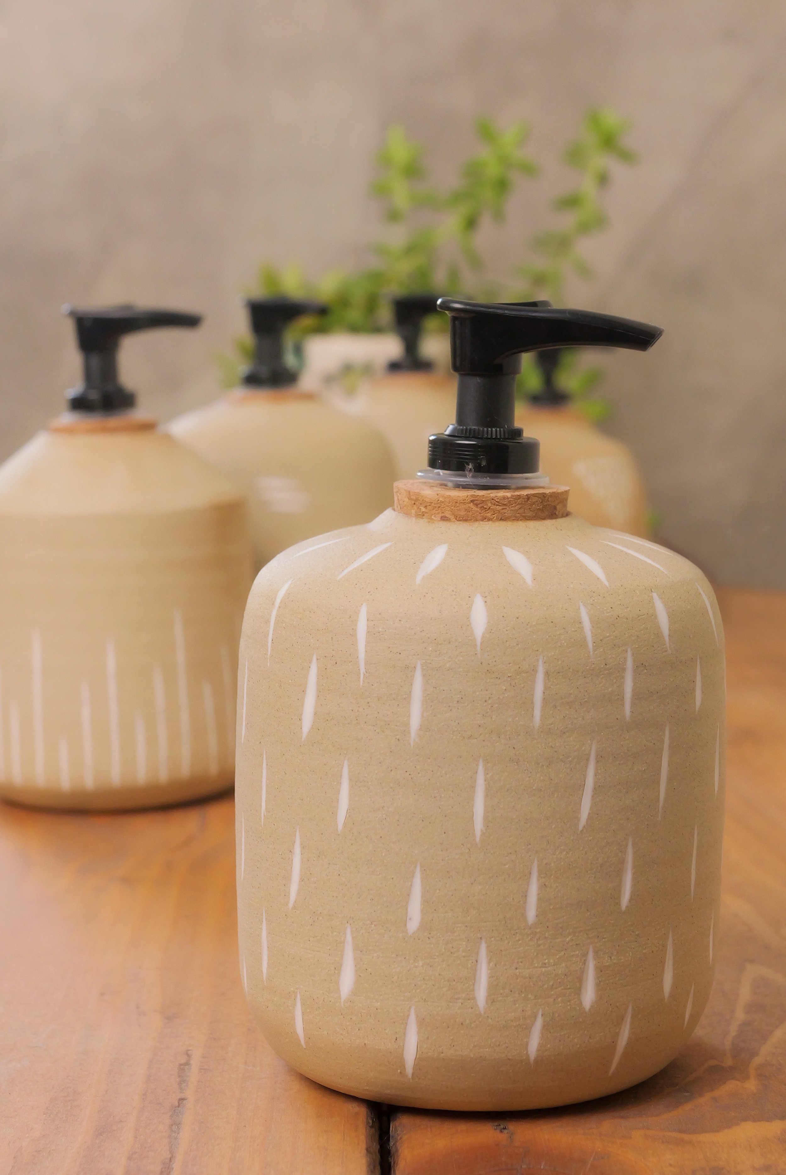 Inlayed stoneware and porcelain soap dispensers