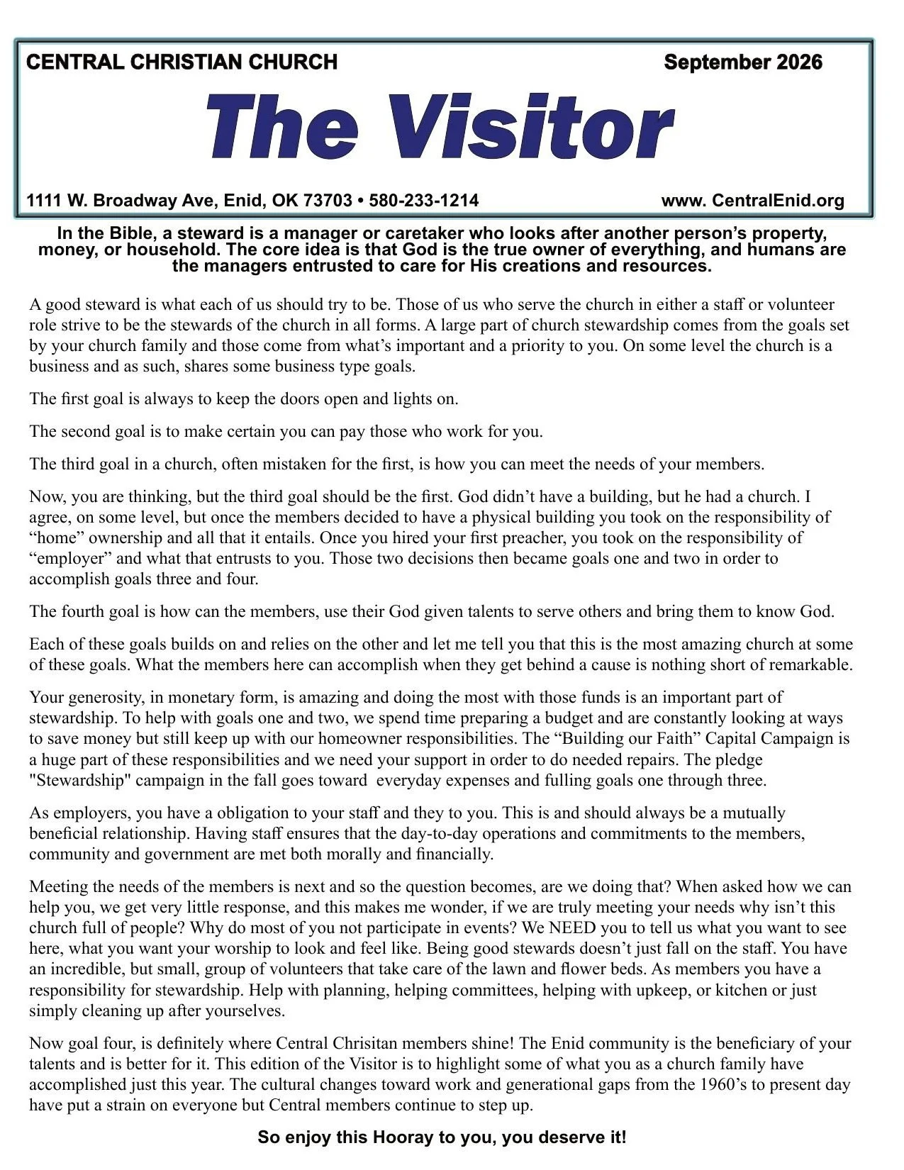 Page 1 of 4 of The Visitor, September 2026. Begins: CENTRAL CHRISTIAN CHURCH September 2026 The Visitor… In the Bible, a steward is a manager or caretaker who…