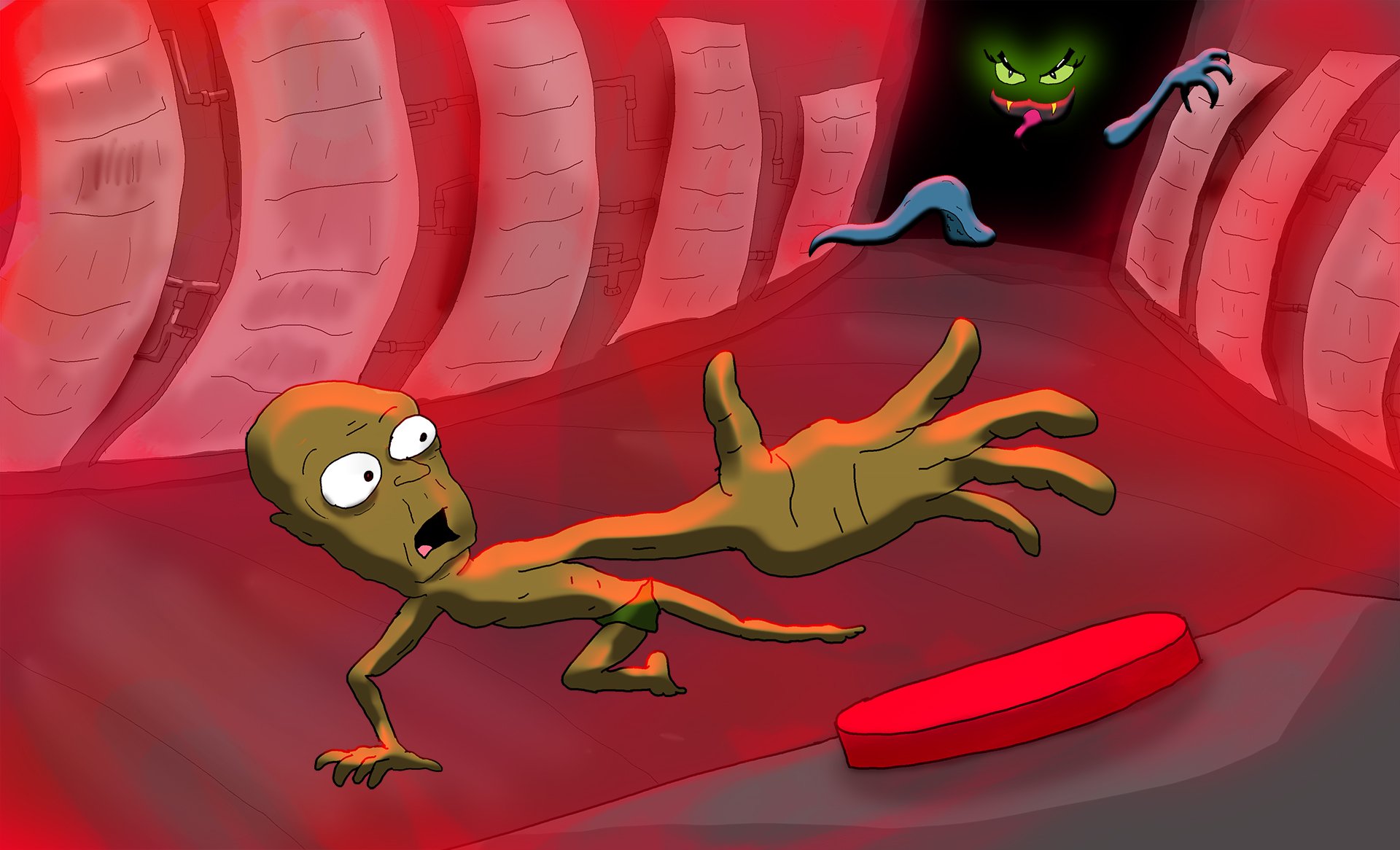 STYLE FRAME 1
The first style frame reflects upon the look and feel of the interior of the ship, defined by strong red lighting and dark, mysterious backgrounds, and warped details, influenced by 2001: A Space Odyssey and Mary Blair's art direction o
