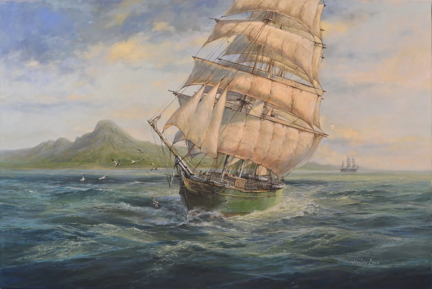  THERMOPYLAE Entering the Sundra Strait  — Wesley Lowe — oil — 22x36 inches — $3,800