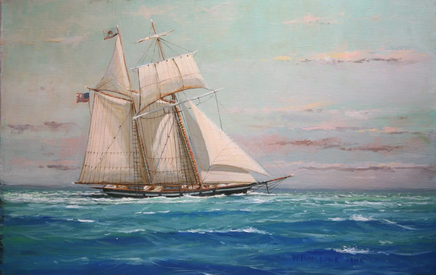  Topsail Schooner CALIFORNIAN Under Full Sail  — William Lowe — oil — 12x18 inches — SOLD