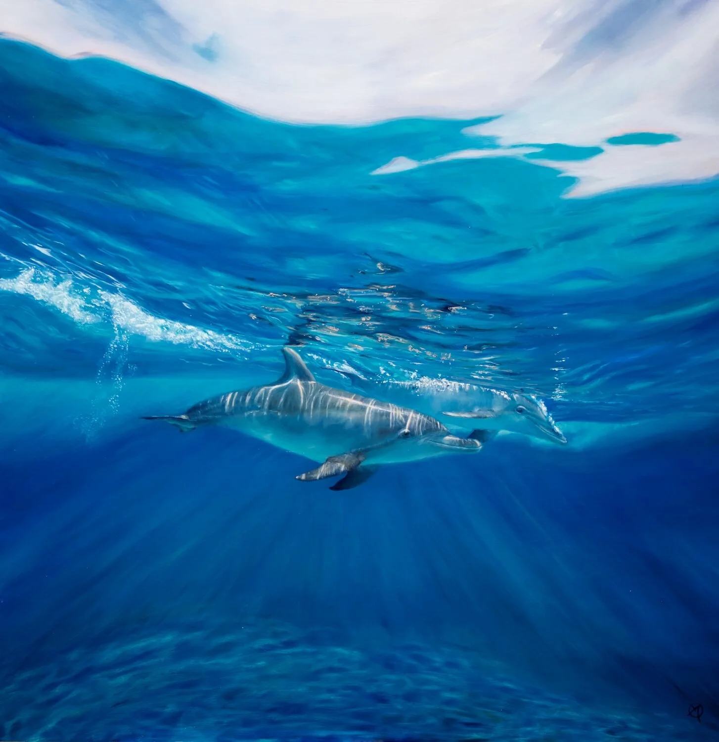  Golden Ocean Reflection; Dolphins  — Alexandra Telgmann — oil — 27.6 x 27.6 inches