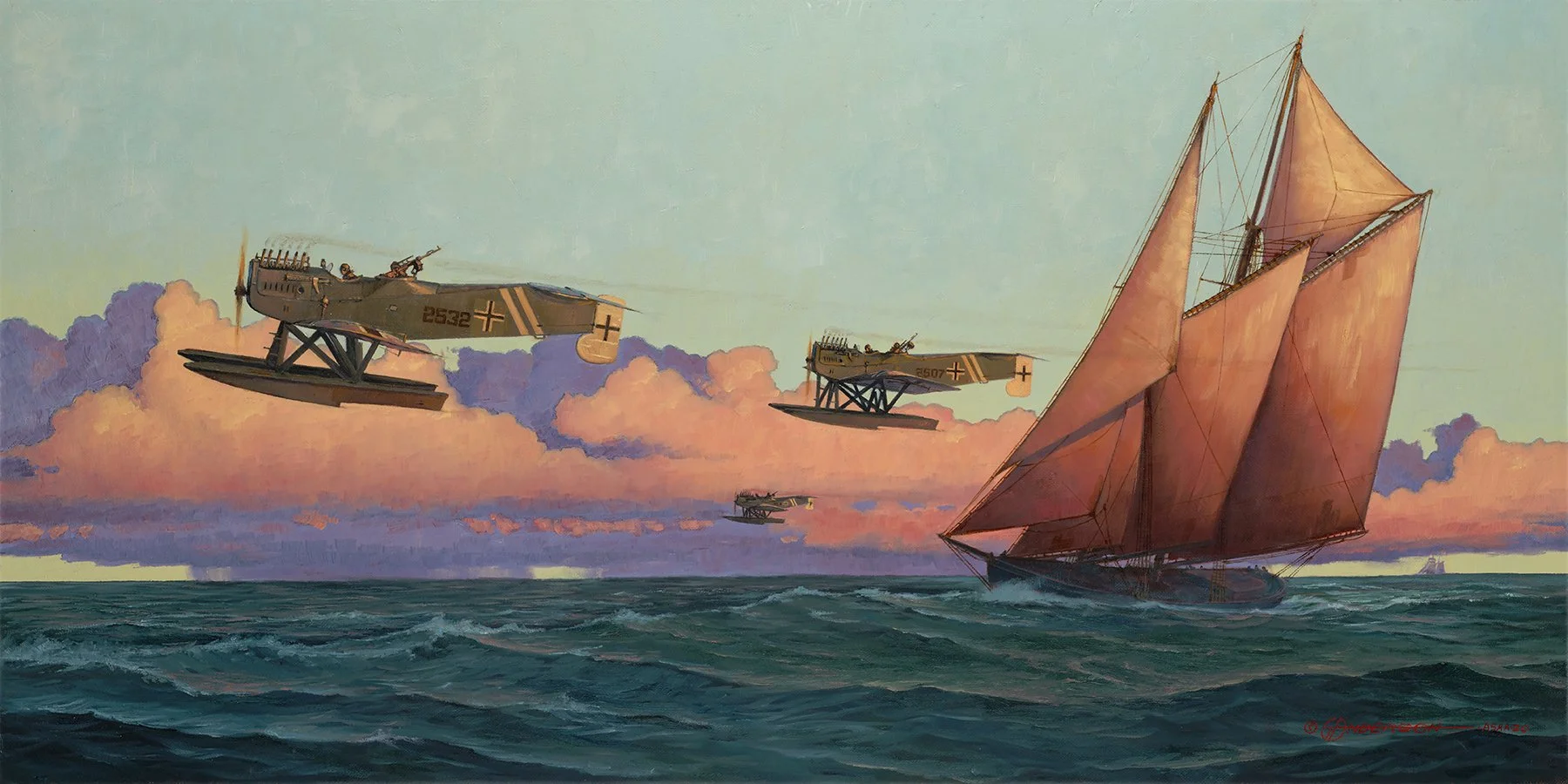 Birds of a Different Feather - 18x36 - oil on canvas. The Summer of 1918, early morning sortie:  A flight of Hansa-Brandenburg W-29 Kriegsmarine fighters fly past a two masted schooner on a North Sea patrol. Birds of a different feather, the schooner
