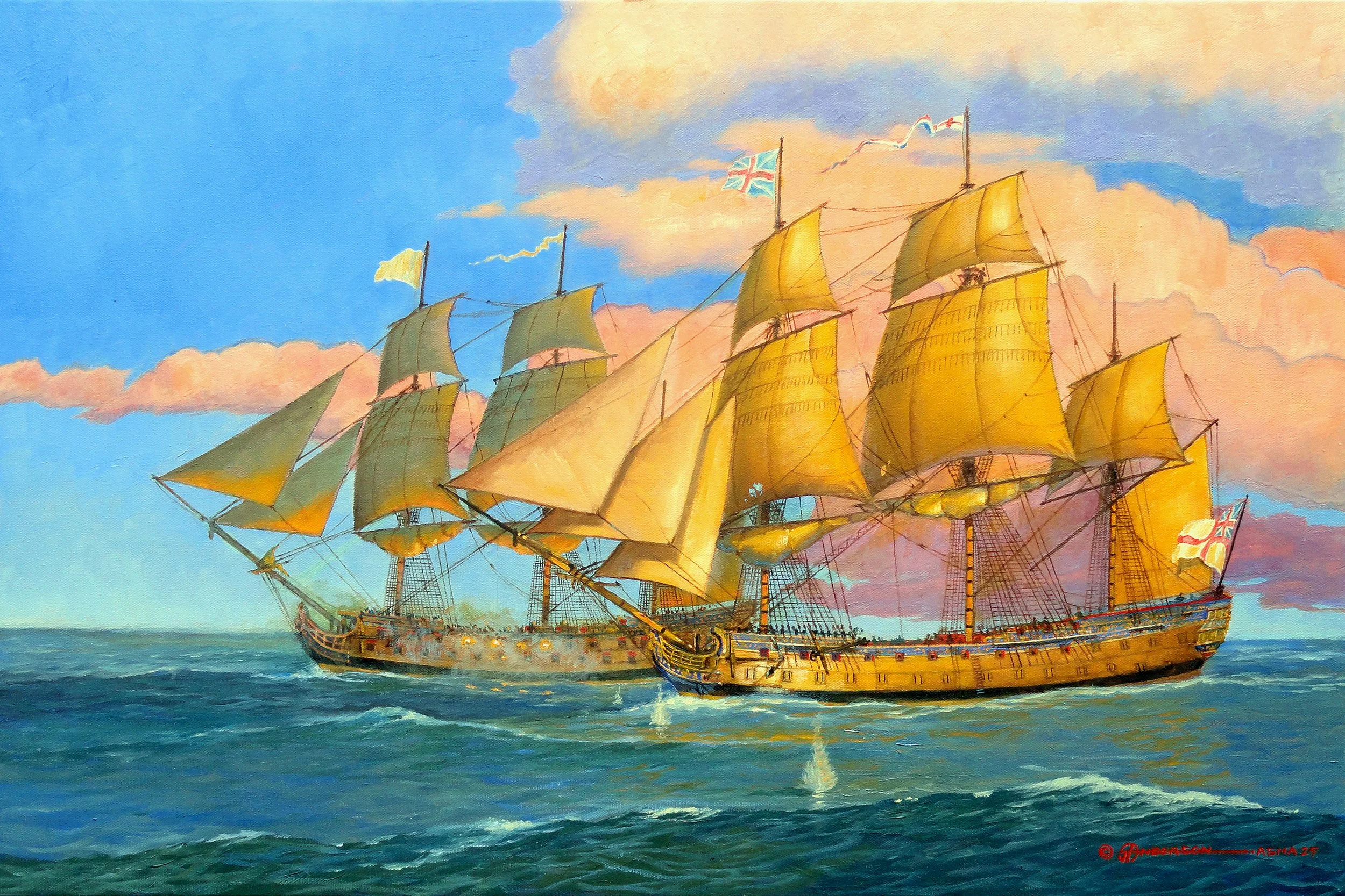For What We Are To Receive - 20 x 30 - Oil. 14 August, 1761: After a 14 hour chase, HMS Bellona caught up and engaged the French 74 gun ship Courageux at 5am. After 9 minutes of fierce combat Bellona lost her mizzen mast. Courageux lost hers 11 minut