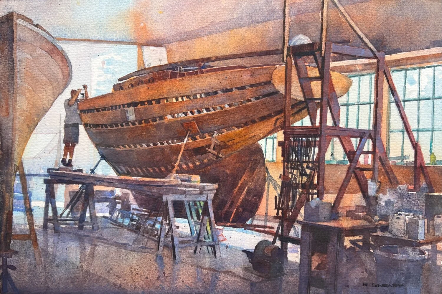MERIT AWARD:  Refitting Hotspur  — Richard Sneary — watercolor — 12 x 16 inches