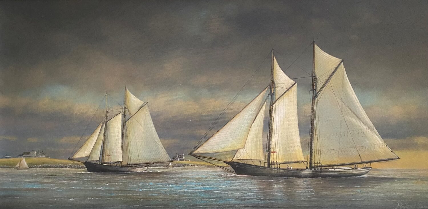  Schooners Speculator and Norumbega, Passing Castle Hill  — Richard Lane — acrylic — 12 x 24 inches