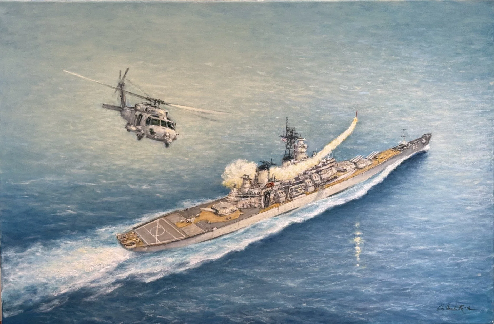 Wrap around book cover for "History of the Battleship New Jersey BB-62", 24"x36", oil on canvas