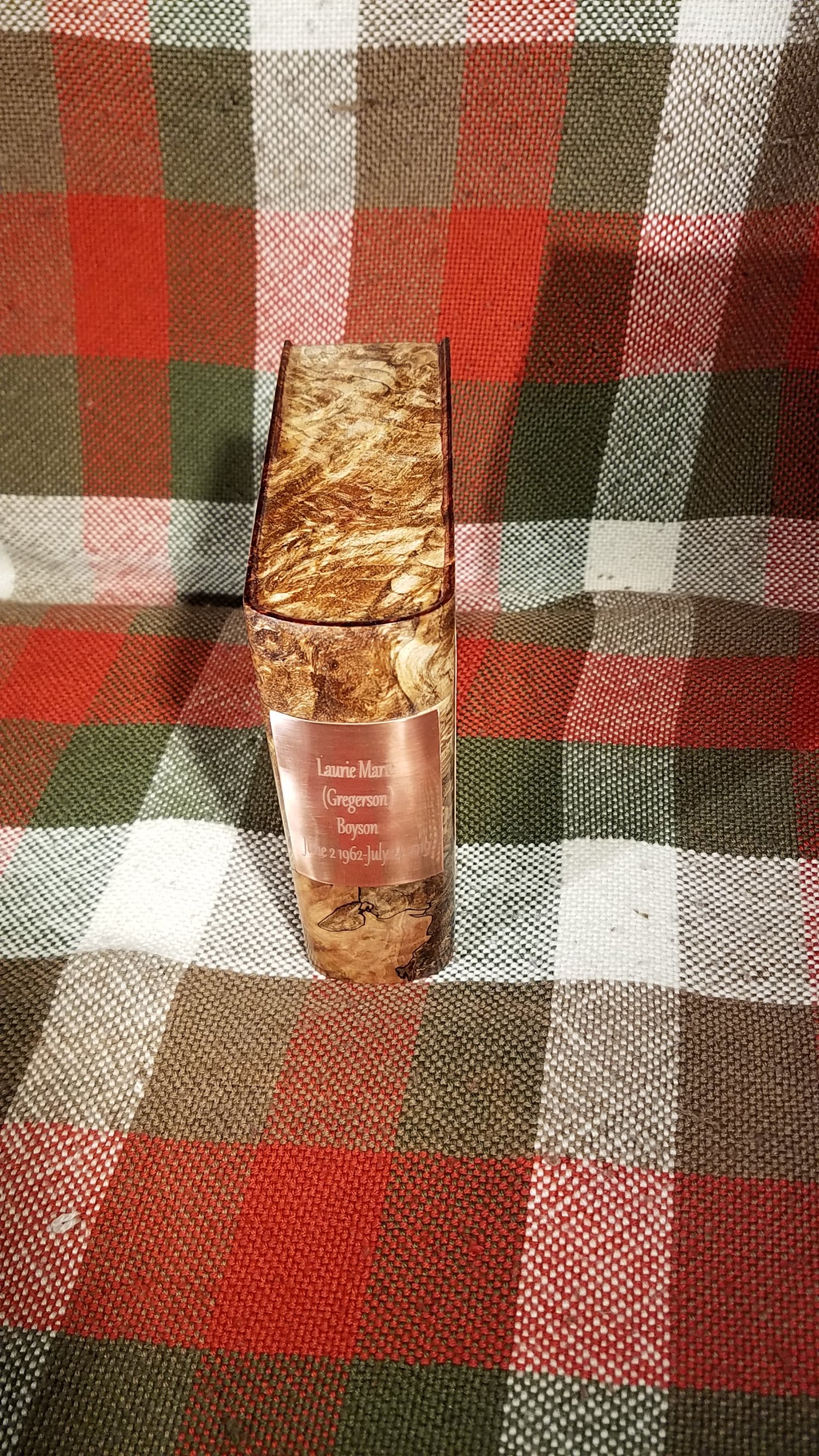  Book shaped Funeral Urn, Spalted Maple Burl, stabalized, engraved copper information plates, spine view. 