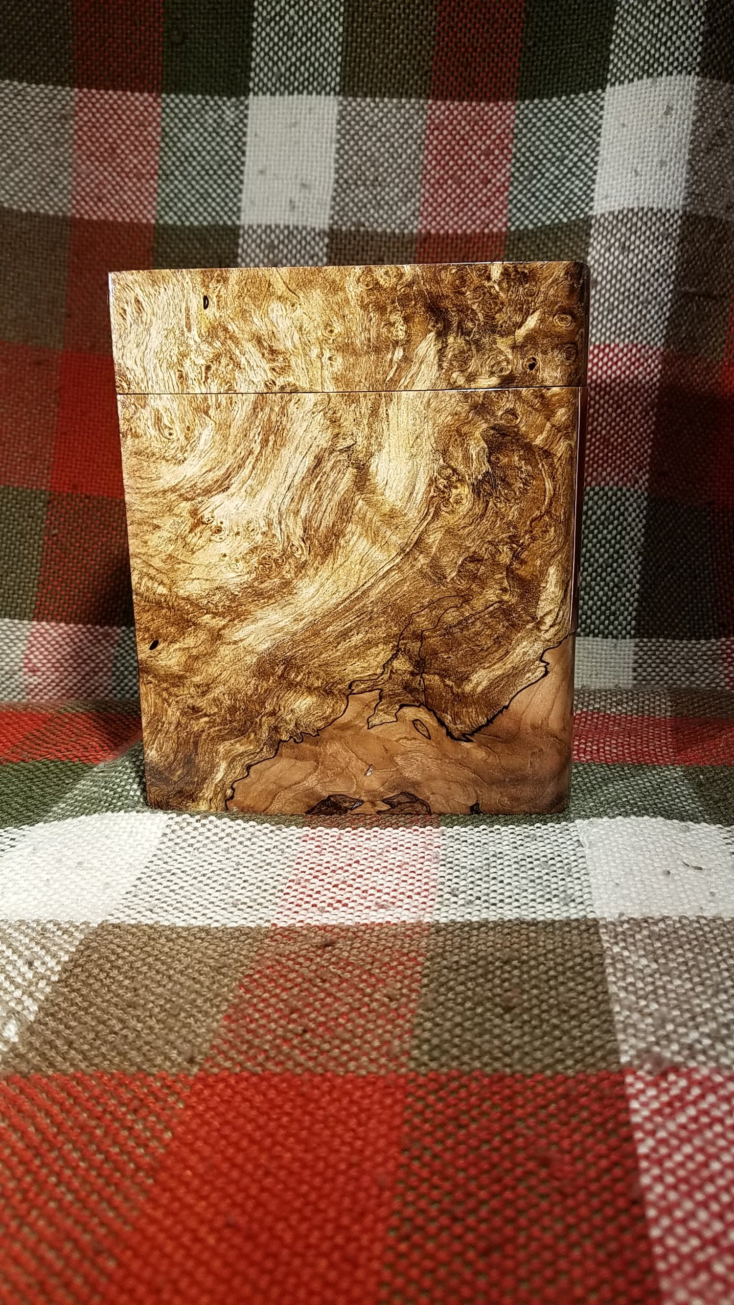  Book shaped Funeral Urn, Spalted Maple Burl, stabalized, engraved copper information plates, back view. 