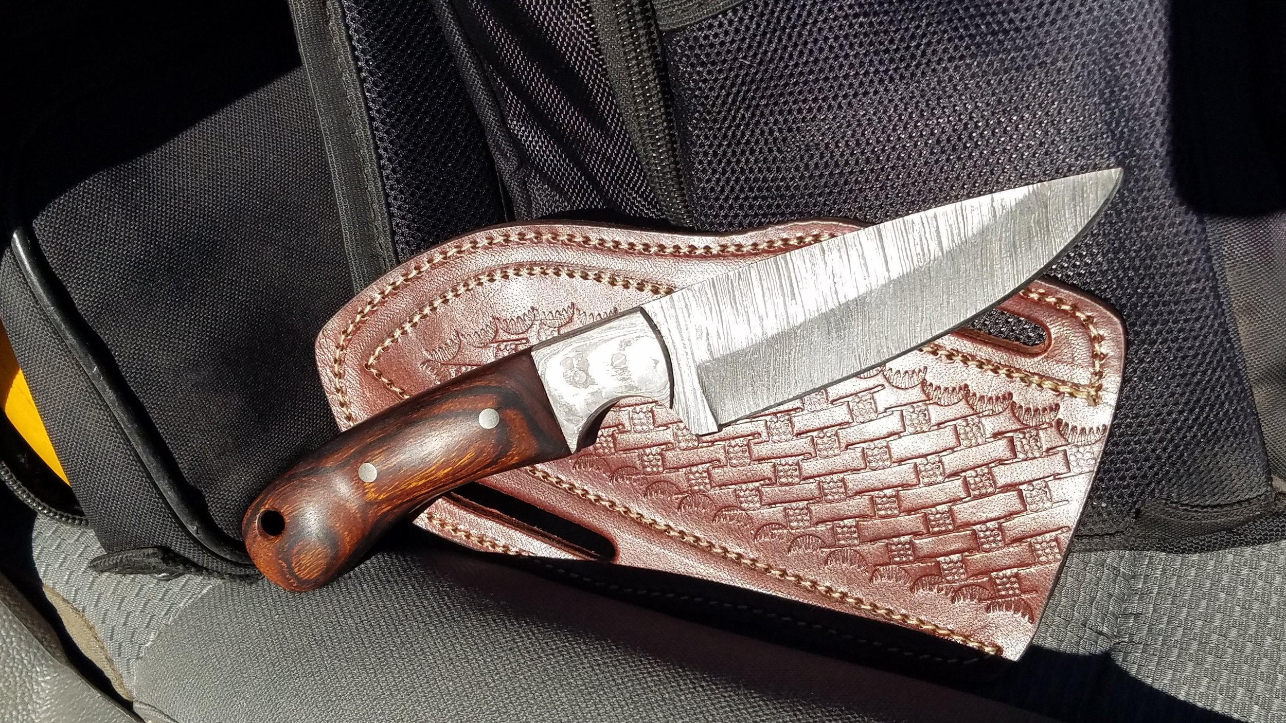  5 3/4” Damascus hunter, Black Walnut scales 