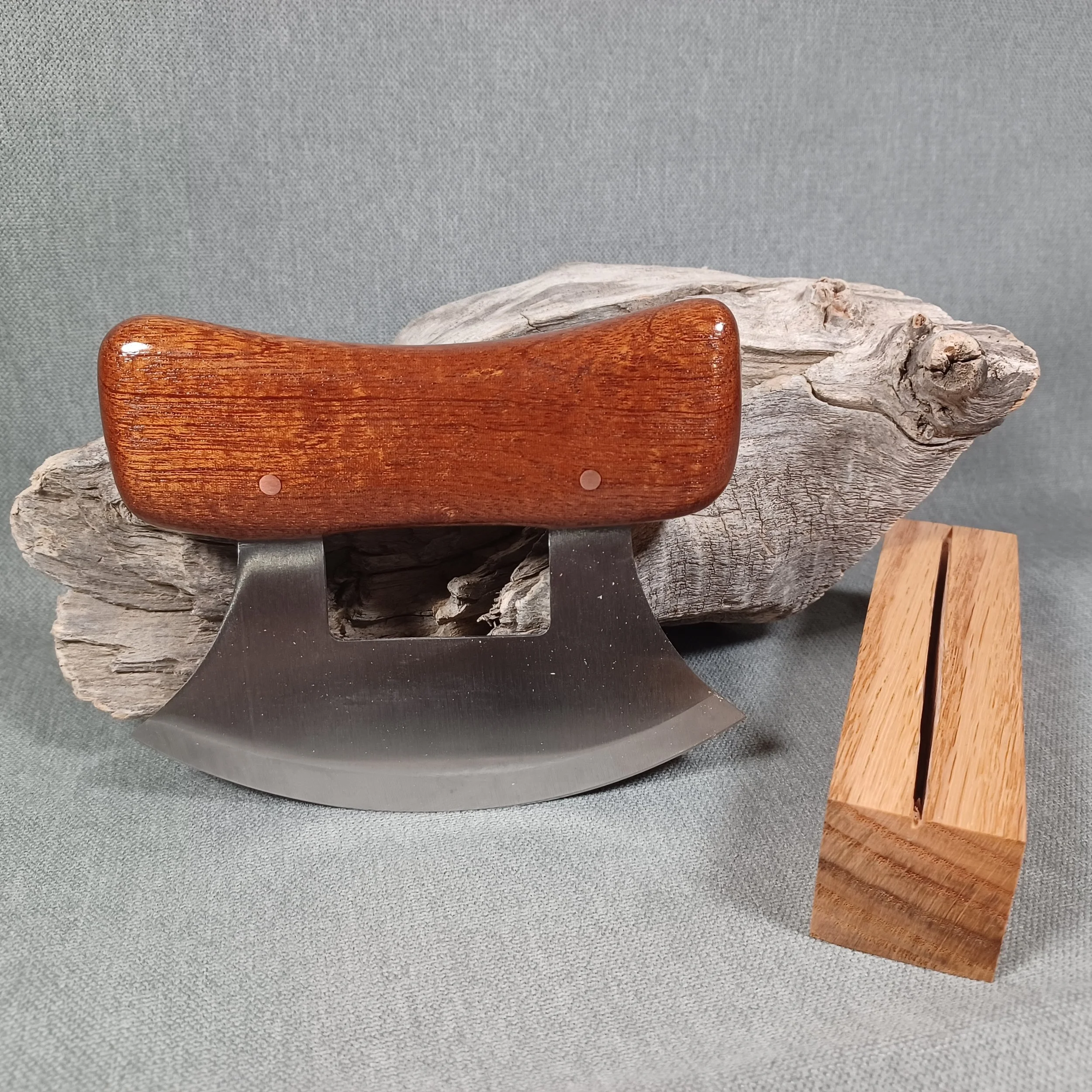 5" Ulu blade, Sapele wood grip w/ copper pins, red oak storage block, for my wife.