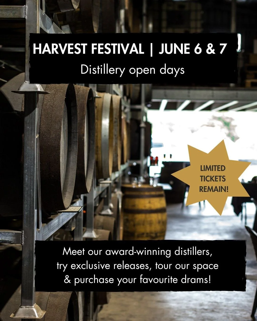 We've got your long weekend plans sorted...

As part of the popular Central Coast Harvest Festival, we're throwing open our distillery doors for two exciting open days!

Limited tickets remain for tastings + tours on Saturday &amp; Sunday - this is y