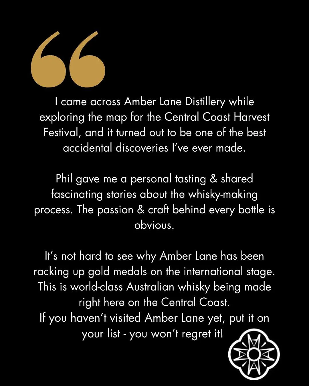 We were overwhelmed with this incredible review from Central Coast resident &amp; new Amber Lane fan, Belinda!

It's wonderful to welcome new faces to our distillery &amp; to see them fall in love with all things whisky. It's proof in our philosophy 