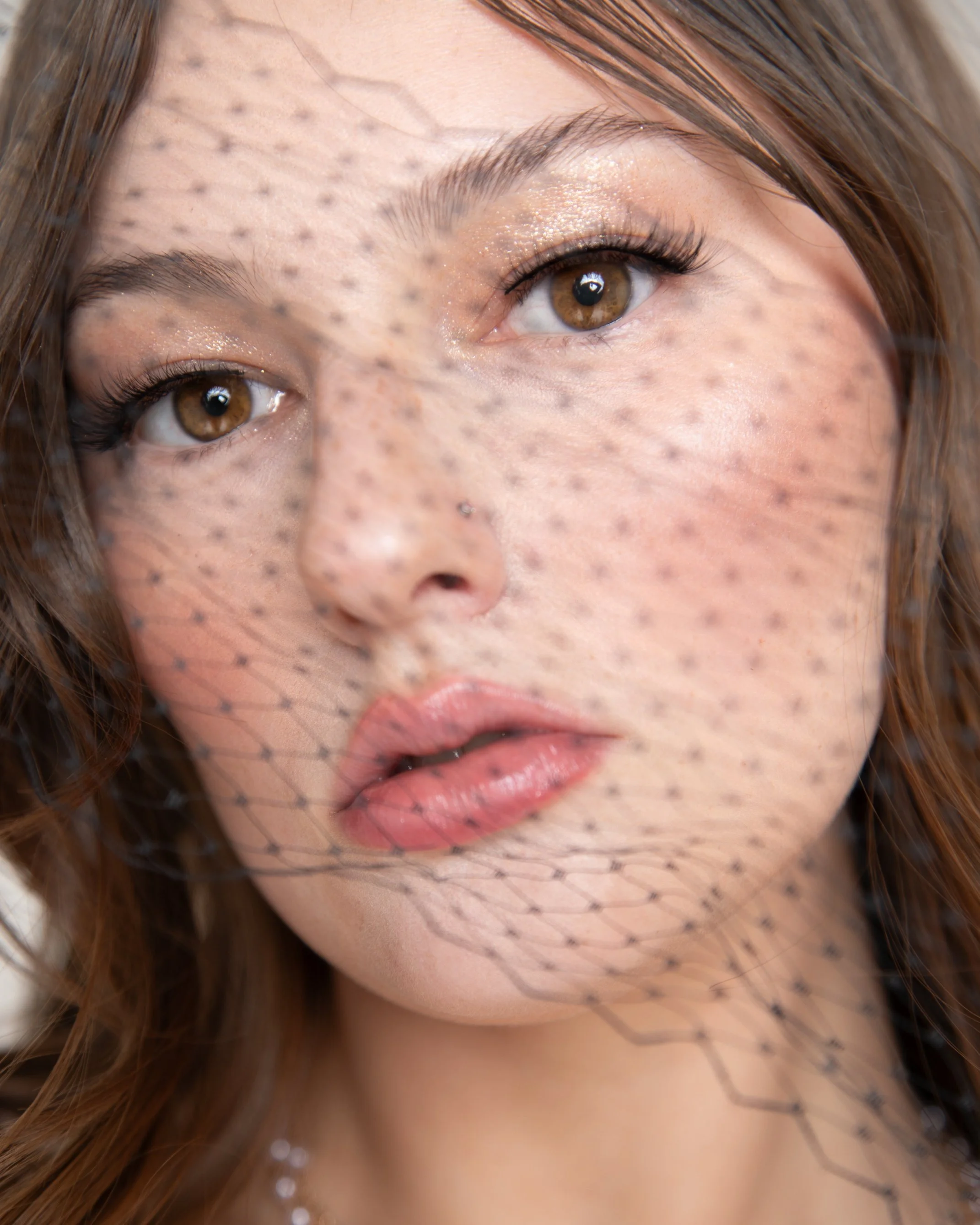 Close-up of a woman's face with light makeup and brown hair, covered with a netted veil.