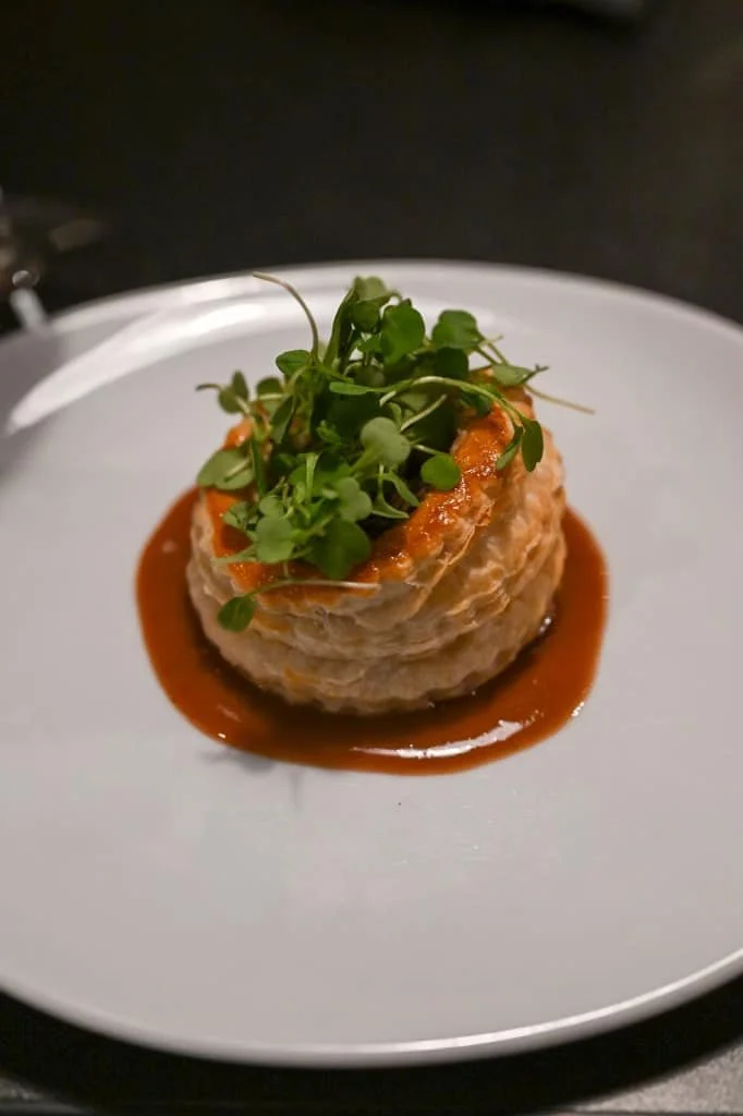 duck confit, wild mushroom puff pastry, over Cumberland sauce