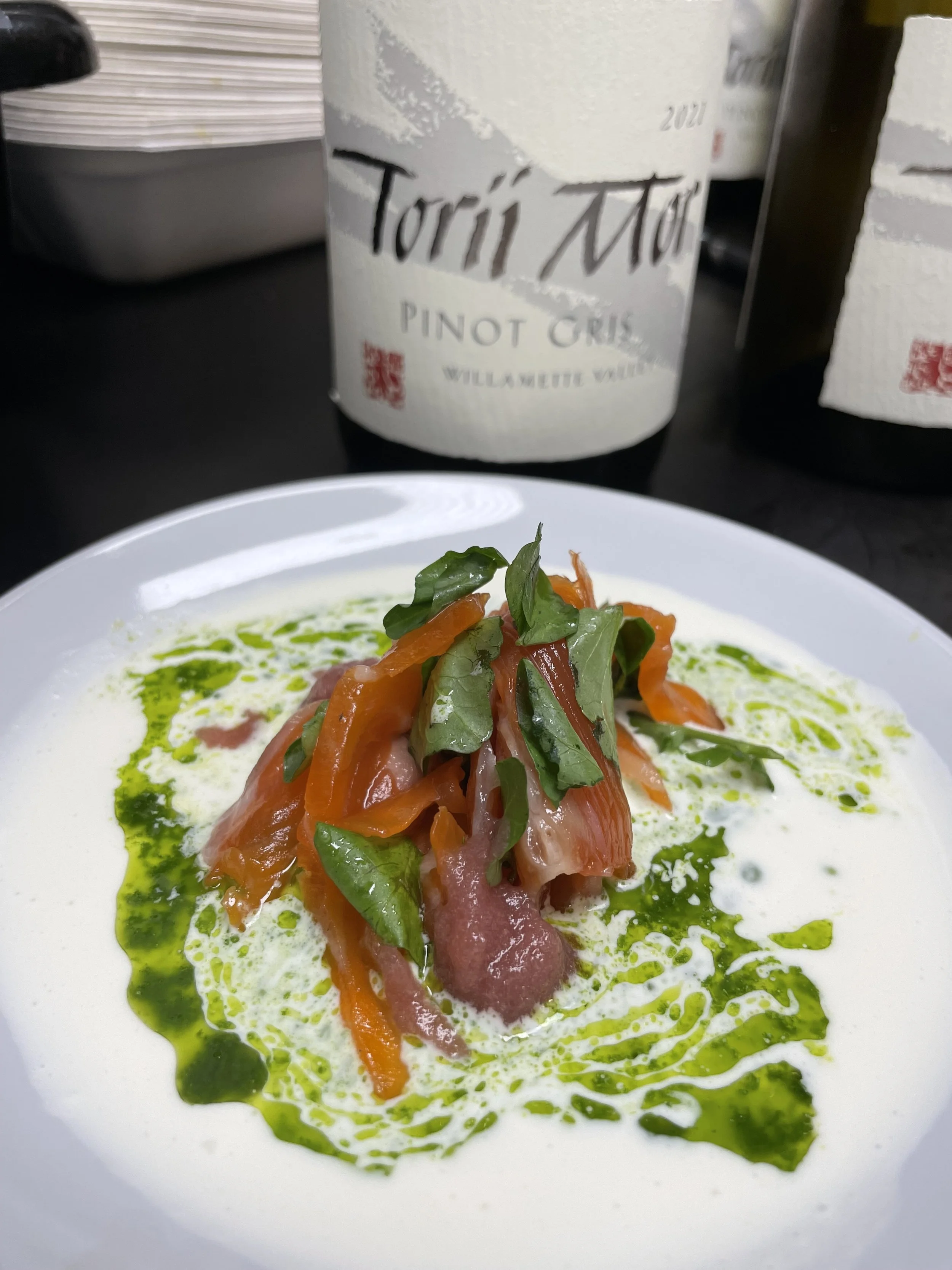 cured trout, watercress salad,  buttermilk, pickled shallot paired with pinot gris
