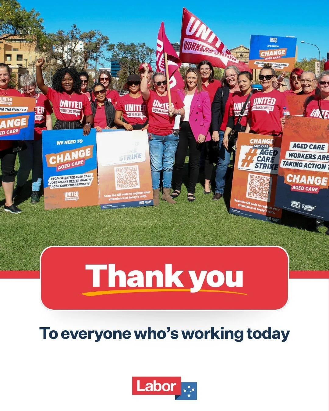 Thank you to everyone working today.

You deserve dignity, respect and fair treatment at work. That's why Labor has legislated to protect penalty rates - and we're continuing to fight to make sure you're treated fairly every day on the job.