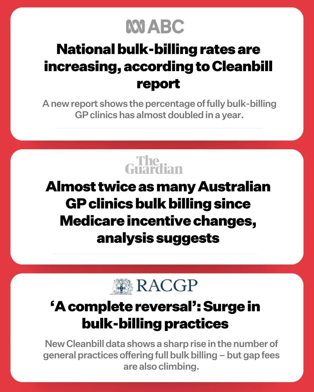 More than a thousand GP clinics nationwide have switched from private or mixed billing to fully bulk-billing since November. Labor&rsquo;s once-in-a-generation investment in Medicare is already helping more Australians see a doctor for free &ndash; a