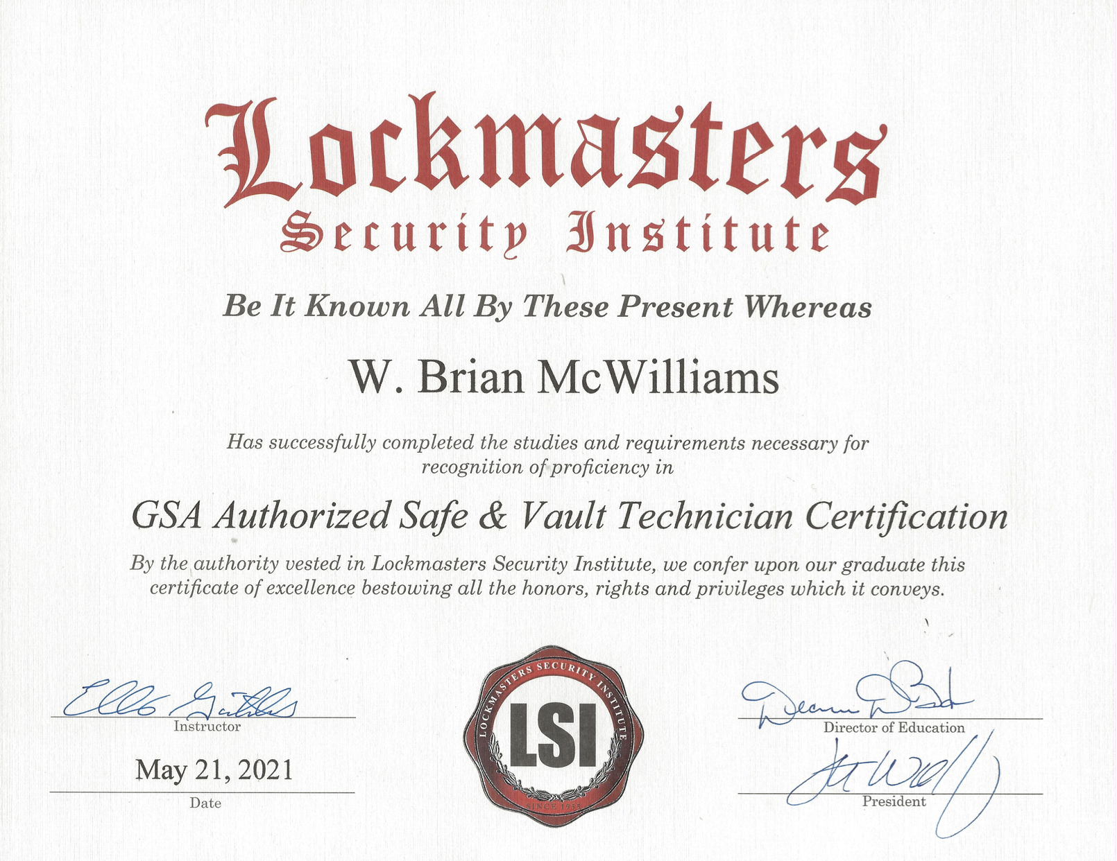 Lockmasters Security Institute GSA Authorized Safe and Vault Technician Certification