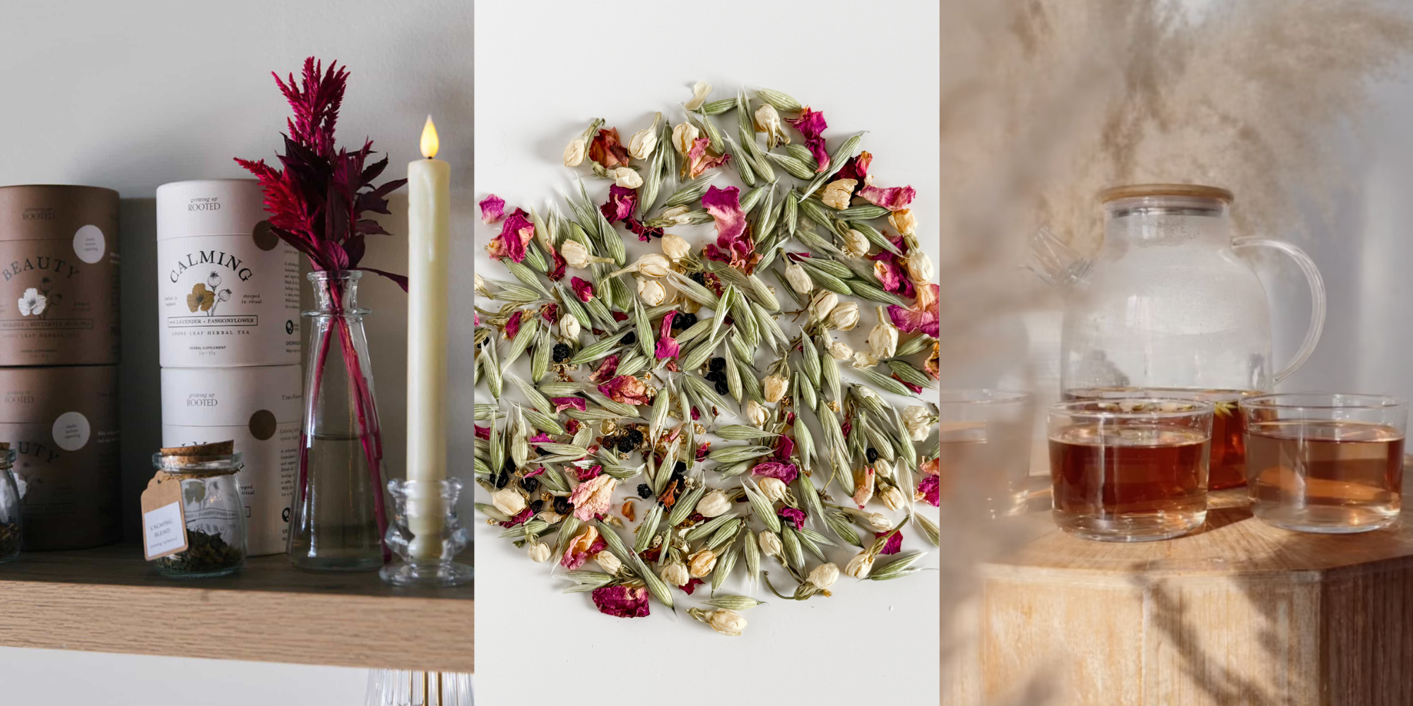 Arrangement of dried flowers, herbal tea containers, tea cups with tea, and a small jar of dried herbs.