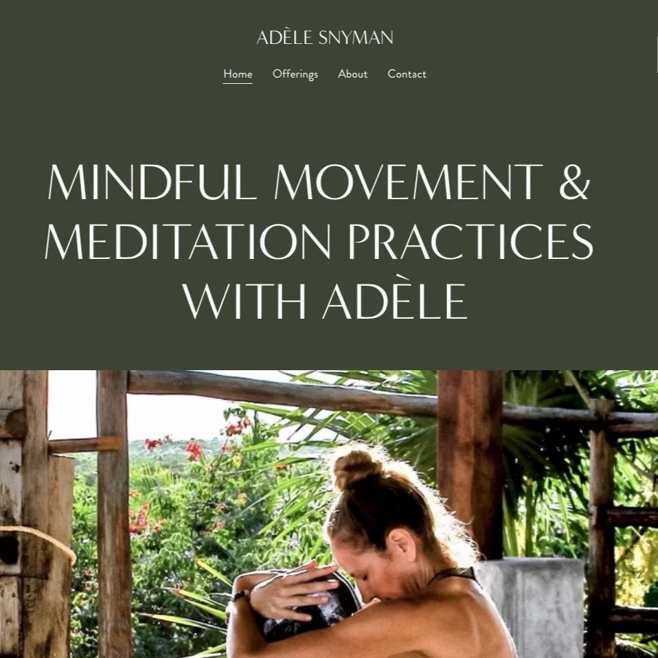 A small thumbnail of a website with olive background, white text that says "Mindful movement & meditation practices with Adele' and a photo of Adele in a pilates pose